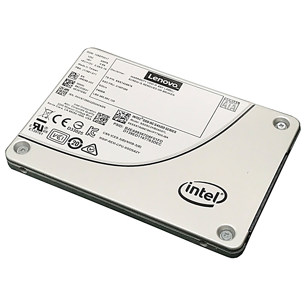 L'immagine mostra un disco rigido Lenovo Intel SSD con etichette e dettagli.