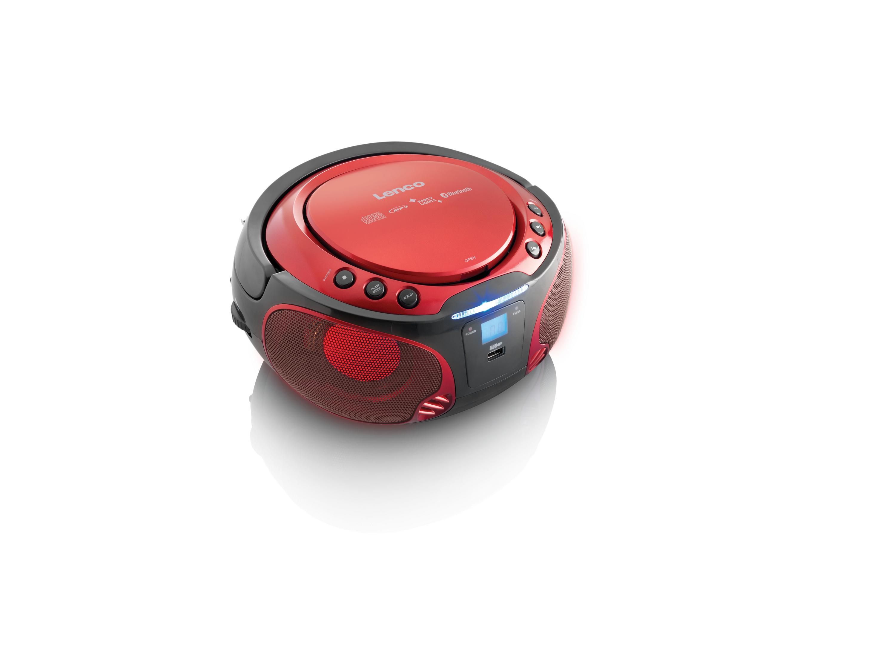 Red and black Lenco CD player on a white background. Features buttons and a display.