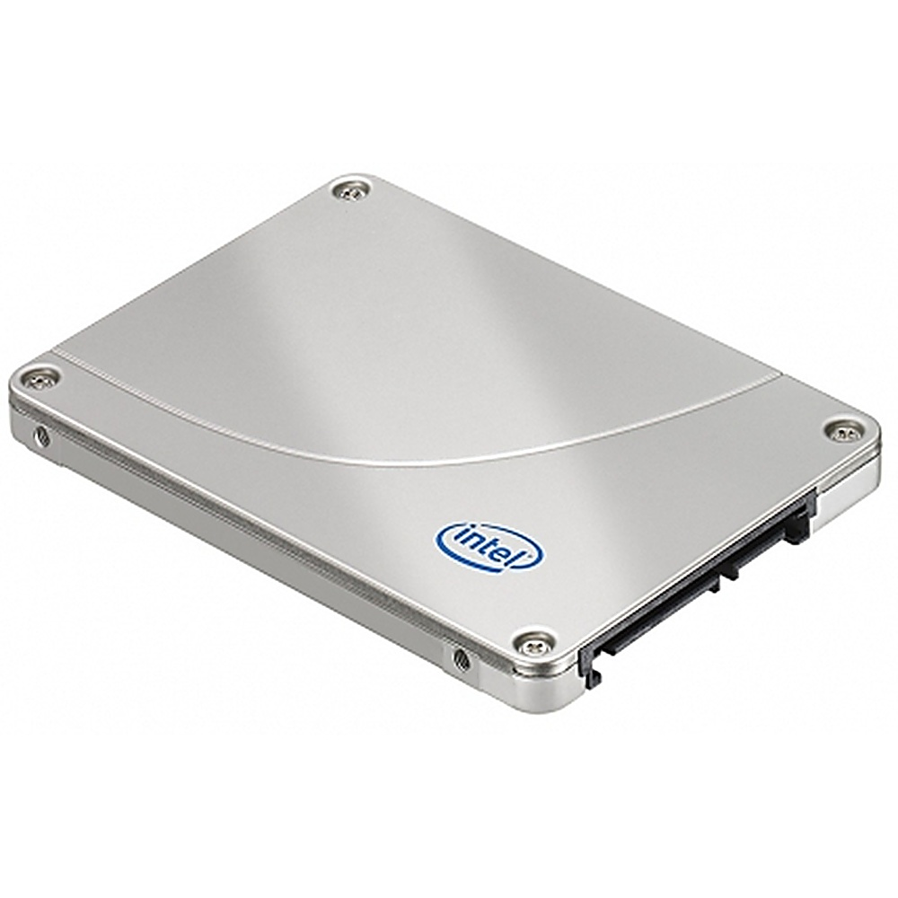 Un SSD Intel argentato con il logo Intel, di forma rettangolare e con un connettore nero.