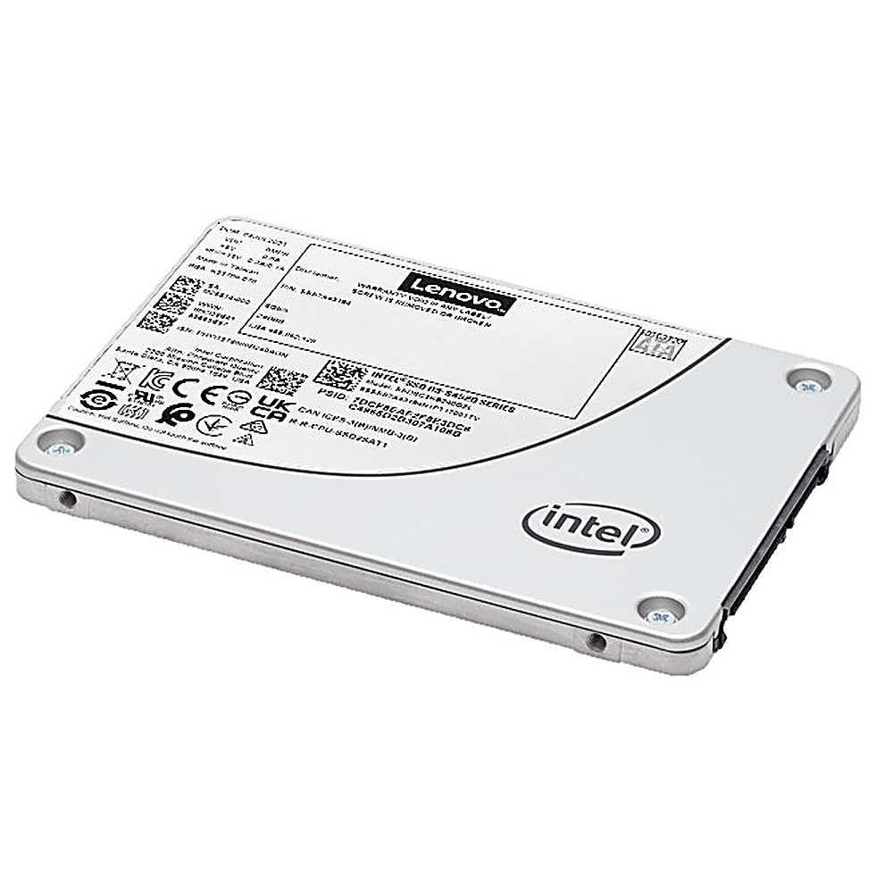 SSD Lenovo argento e nero di Intel. Etichette visibili. Sfondo bianco.