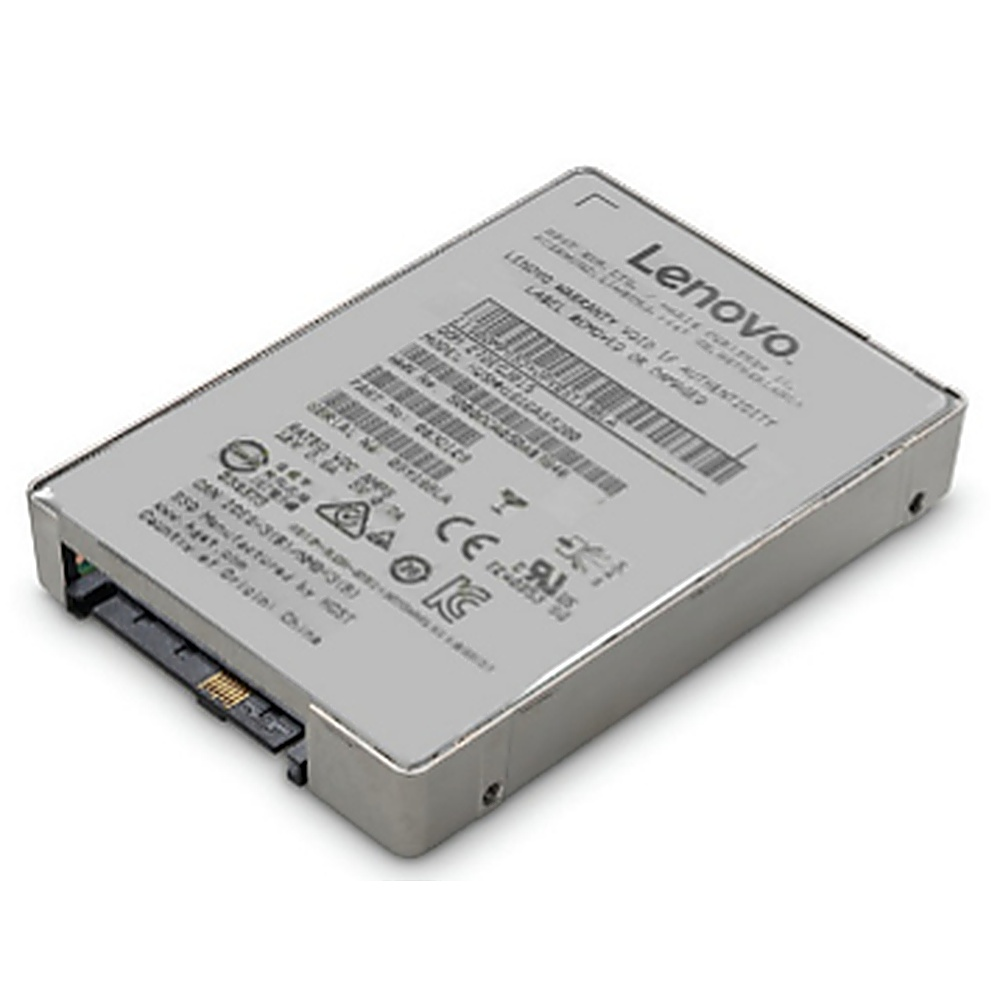 SSD Lenovo argento. Etichette visibili. Connettore nero. Sfondo bianco.