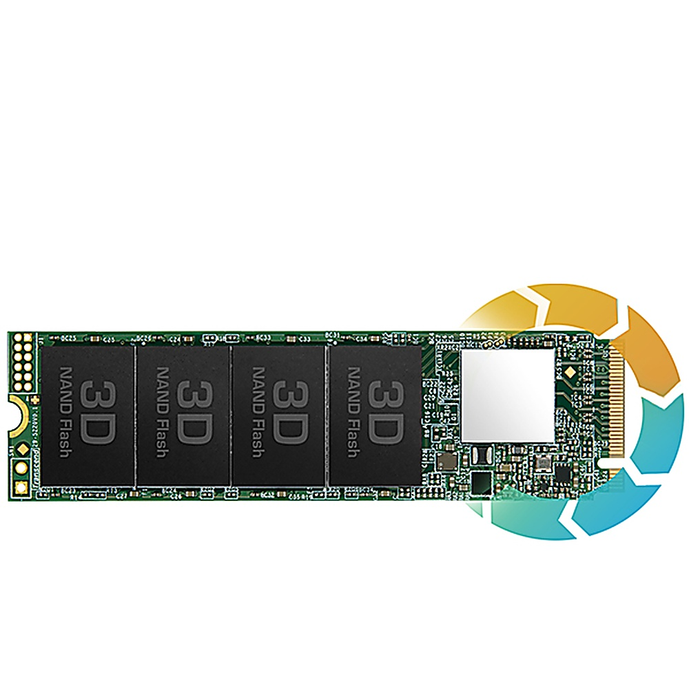Una scheda di circuito verde con quattro chip flash NAND neri e un design circostante.