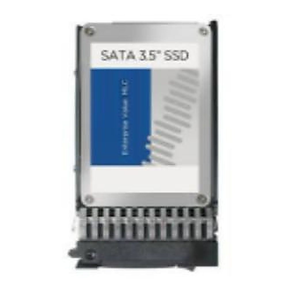 Unità SSD con un'etichetta che dice 'SATA 3.5" SSD'. Sono visibili colori blu e bianco.
