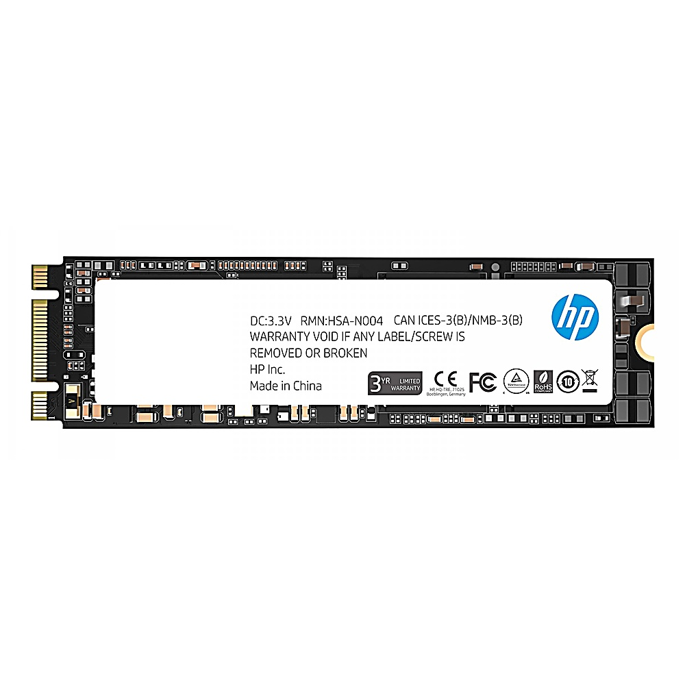 SSD HP, retro con dettagli testuali. Bianco e nero. Logo HP e altri dettagli visibili.