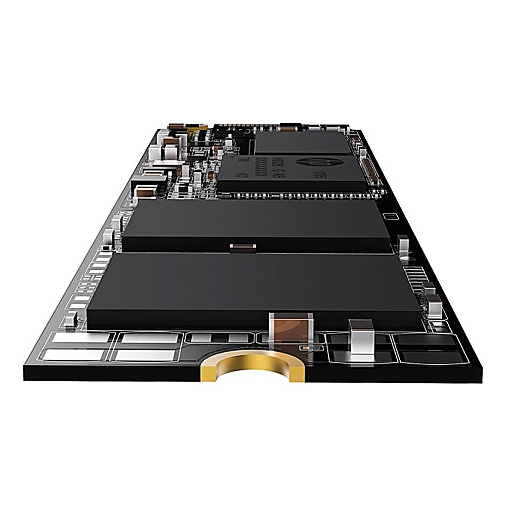 Una scheda SSD con chip neri e un connettore dorato, su sfondo bianco, prospettiva angolata.