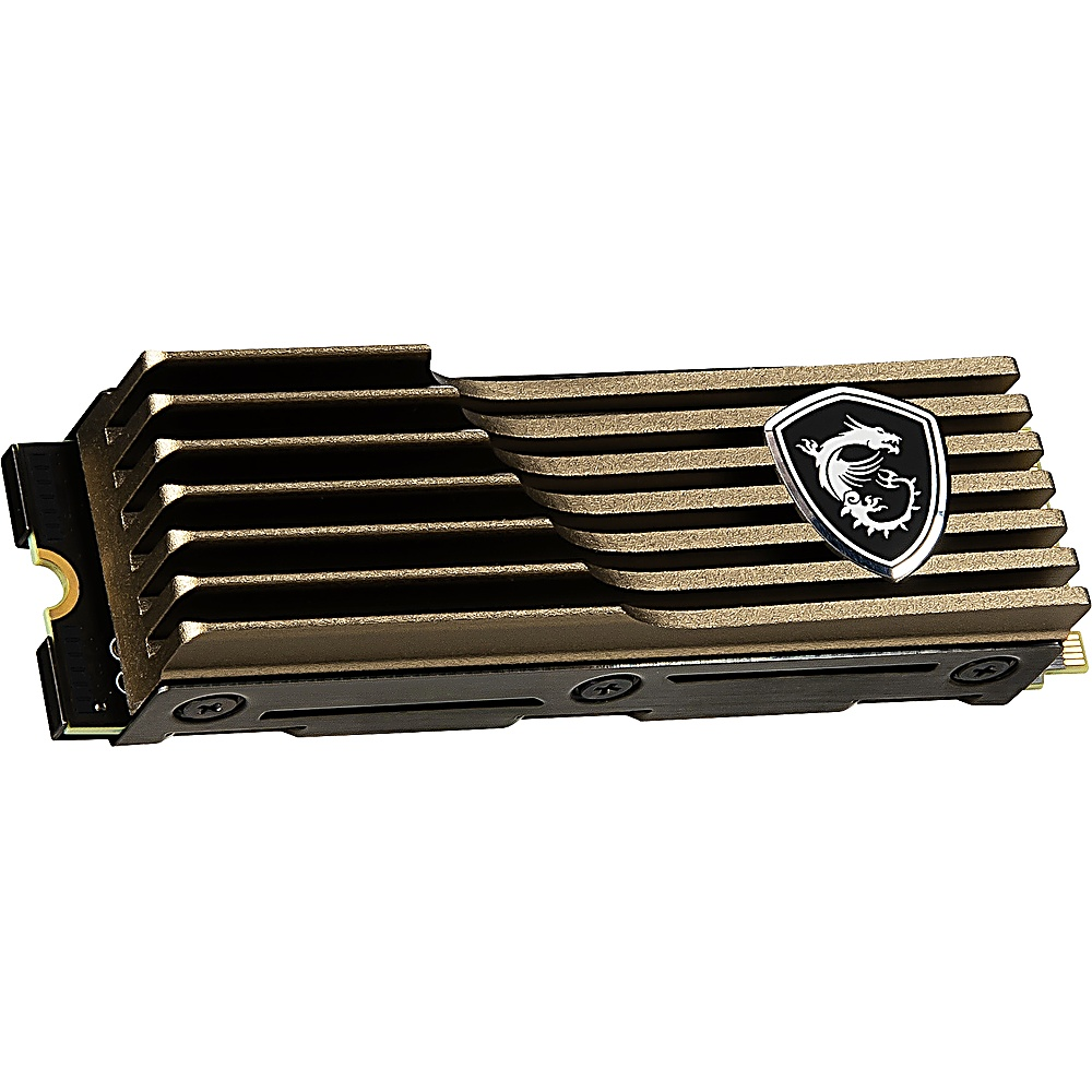 Dysk SSD MSI z radiatorem i logo smoka, na białym tle, widok z boku.