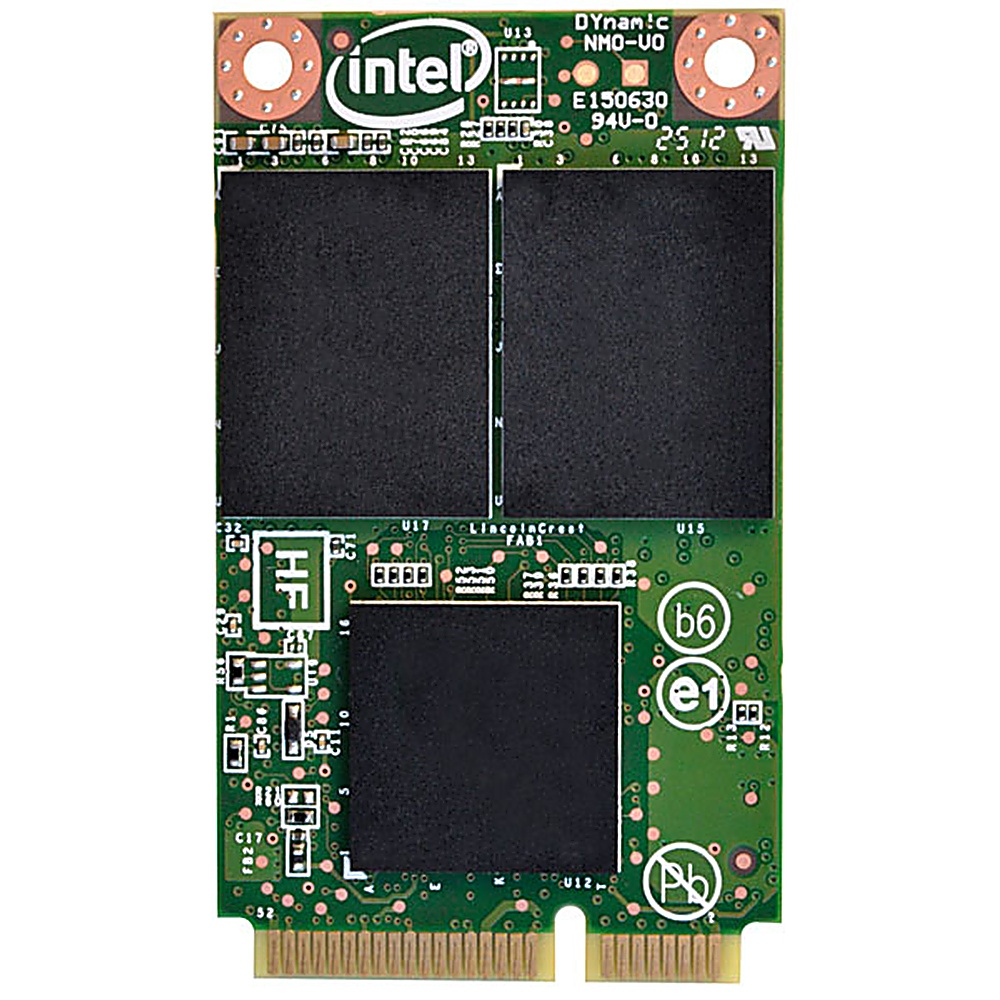 Circuito stampato verde con blocchi neri, logo Intel ed etichette. Sfondo bianco.