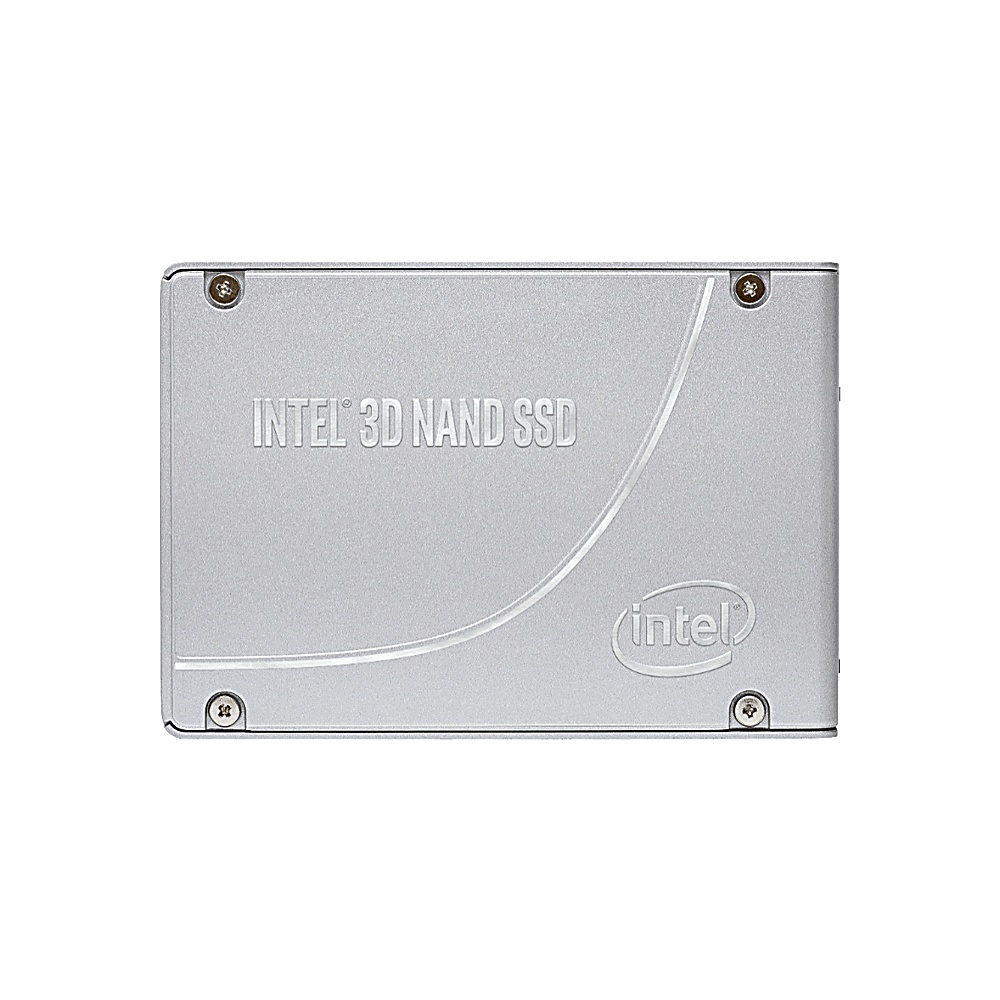 SSD Intel 3D NAND argento. Logo Intel a destra. Testo 'INTEL 3D NAND SSD' in alto.
