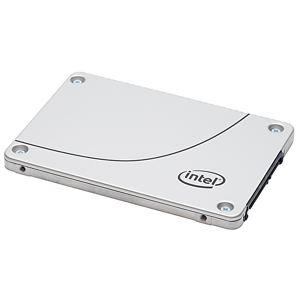 Un SSD argento con il logo Intel. Ha angoli arrotondati e fori per le viti.