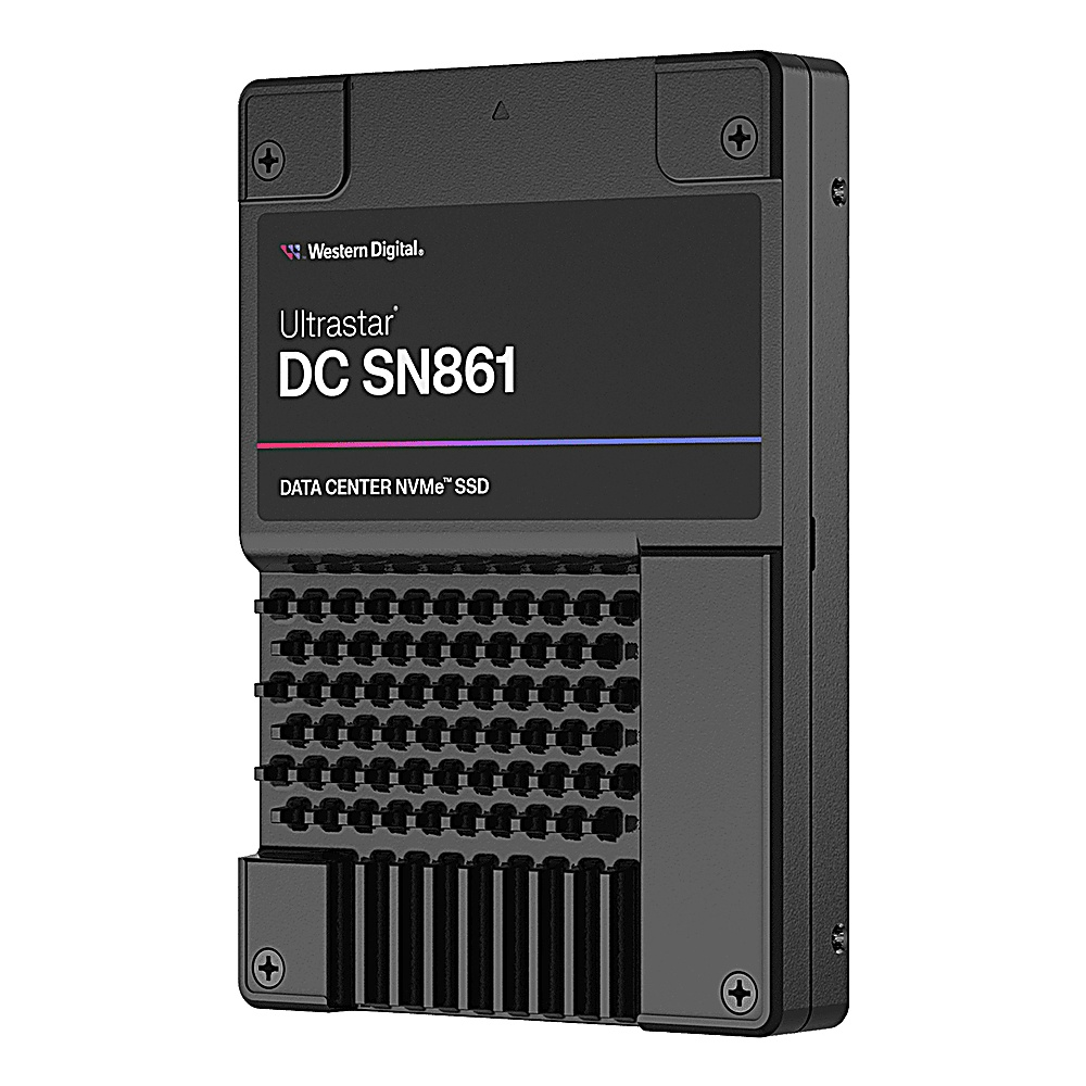 Eine Western Digital Ultrastar DC SN861 NVMe SSD, schwarz, mit einem Data-Center-Label.