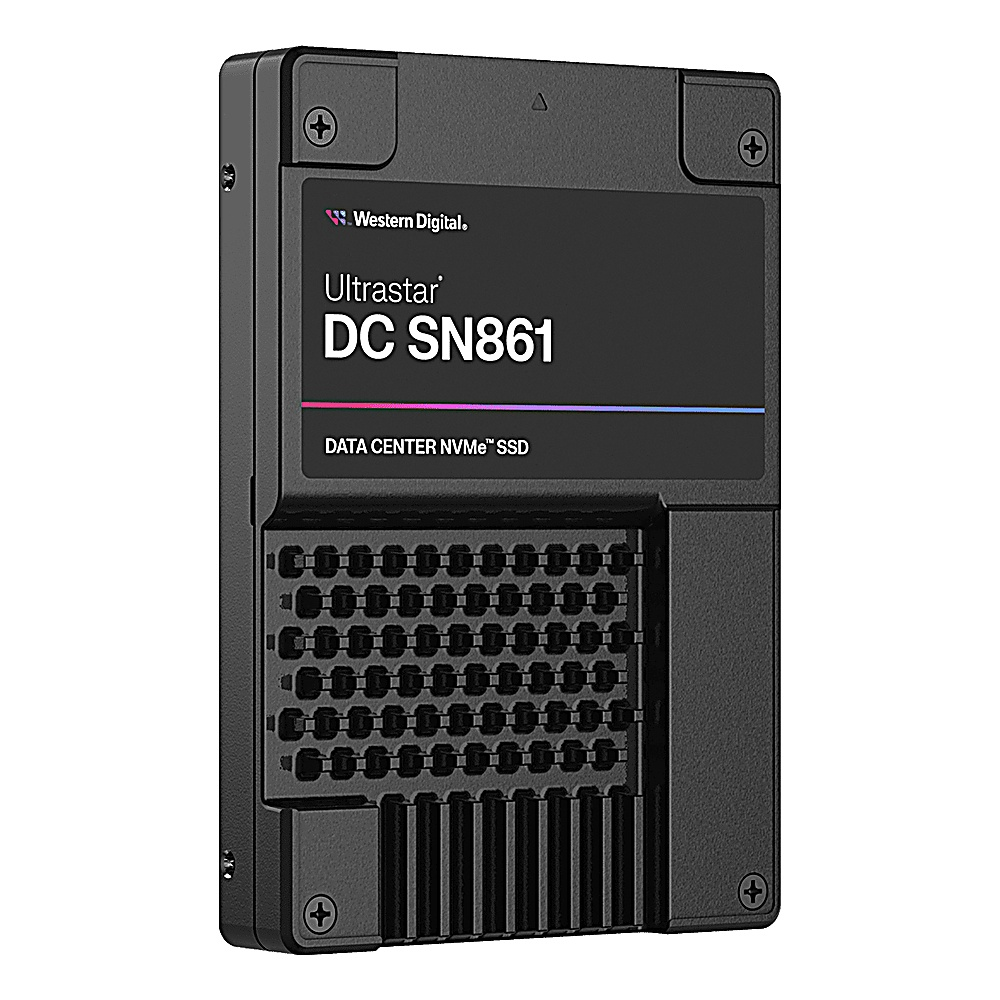 Schwarze SSD mit Western Digital Logo, liest Ultrastar DC SN861 und DATA CENTER NVMe SSD.