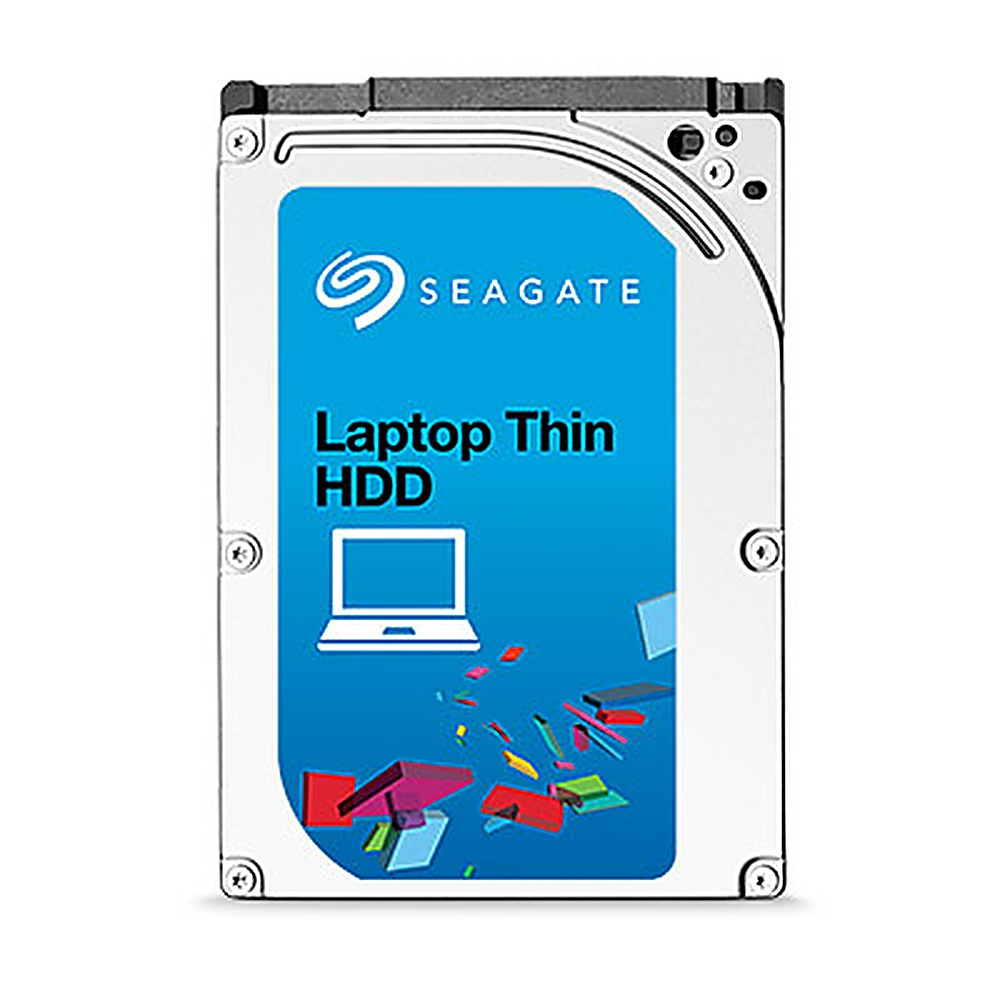 Seagate Laptop Thin HDD. Etichetta blu, testo bianco e grafica laptop.
