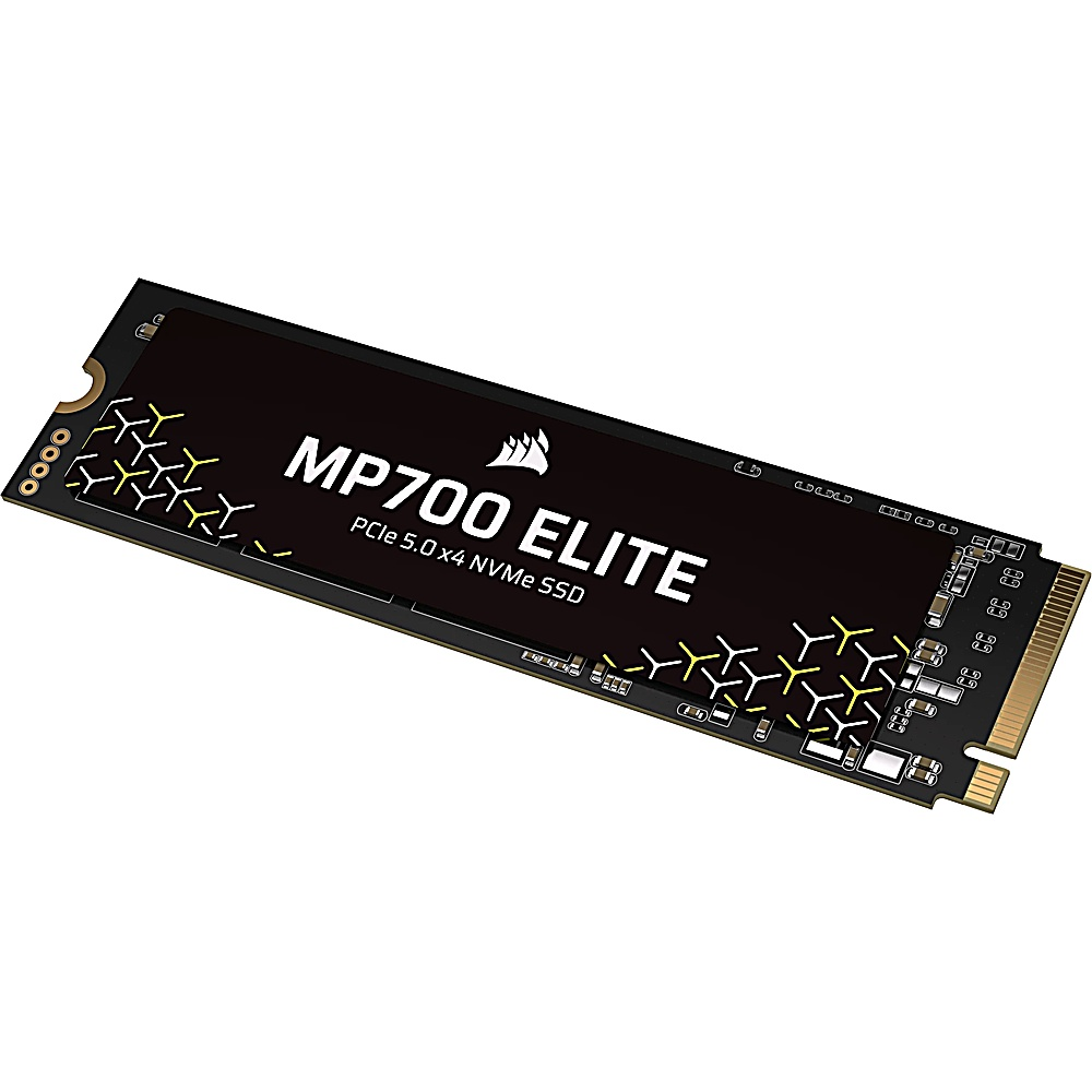 SSD Corsair MP700 ELITE NVMe, negro con detalles amarillos, en ángulo sobre blanco.