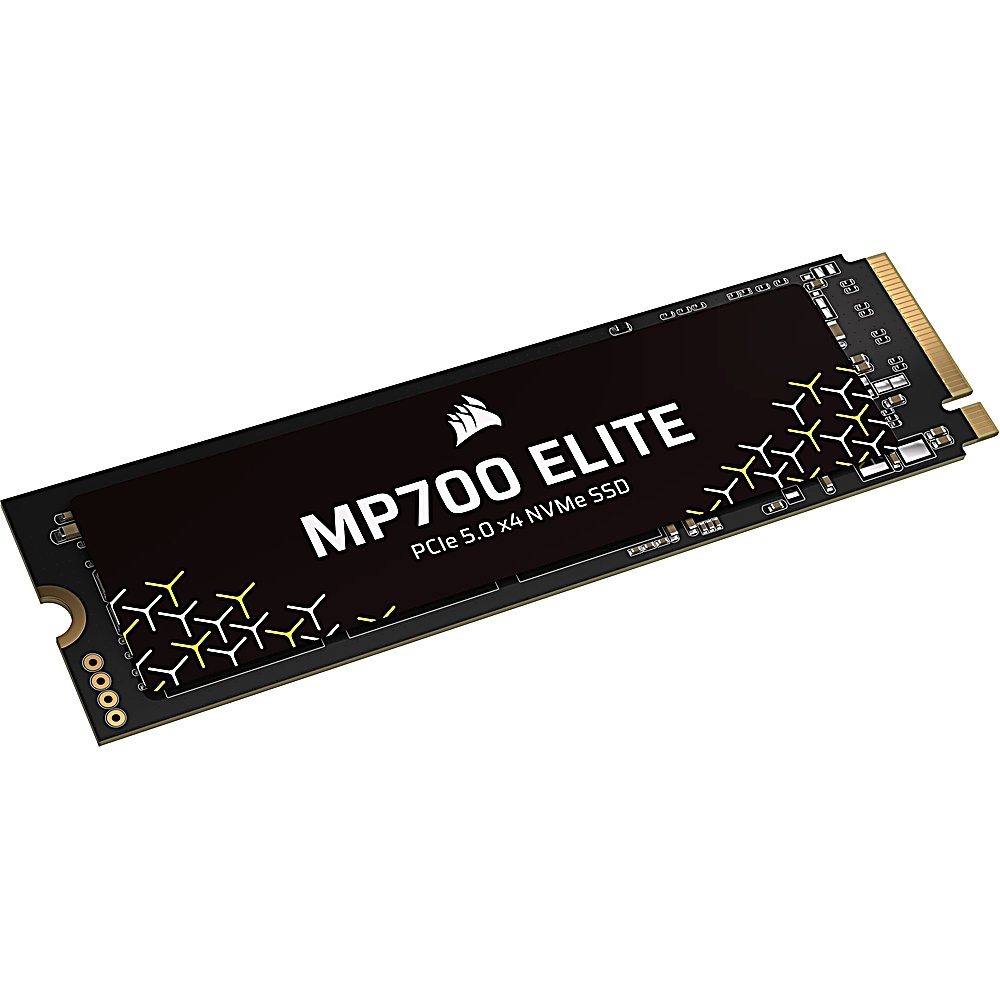 SSD Corsair MP700 ELITE NVMe, negro con detalles amarillos, en ángulo sobre blanco.