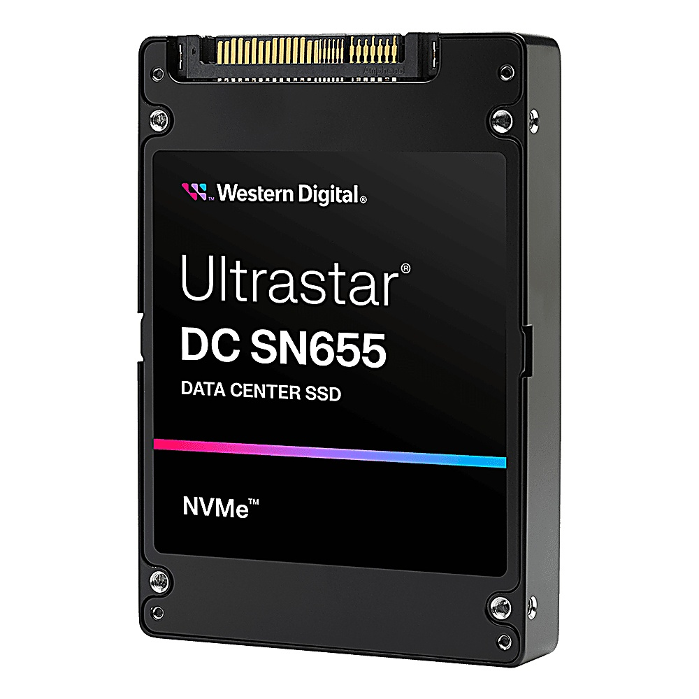 SSD nero Western Digital Ultrastar DC SN655. Testo e logo sul fronte. È un SSD per data center.