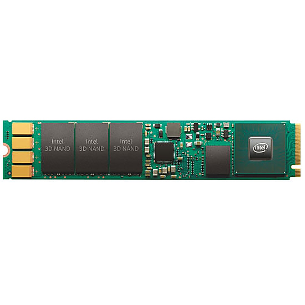 Una scheda SSD Intel. Presenta diversi componenti neri, il logo Intel e connettori verdi e dorati.