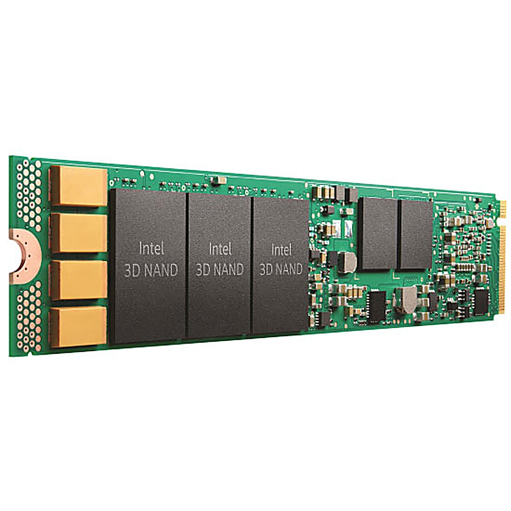 SSD con quattro chip Intel 3D NAND. Il circuito stampato è verde.