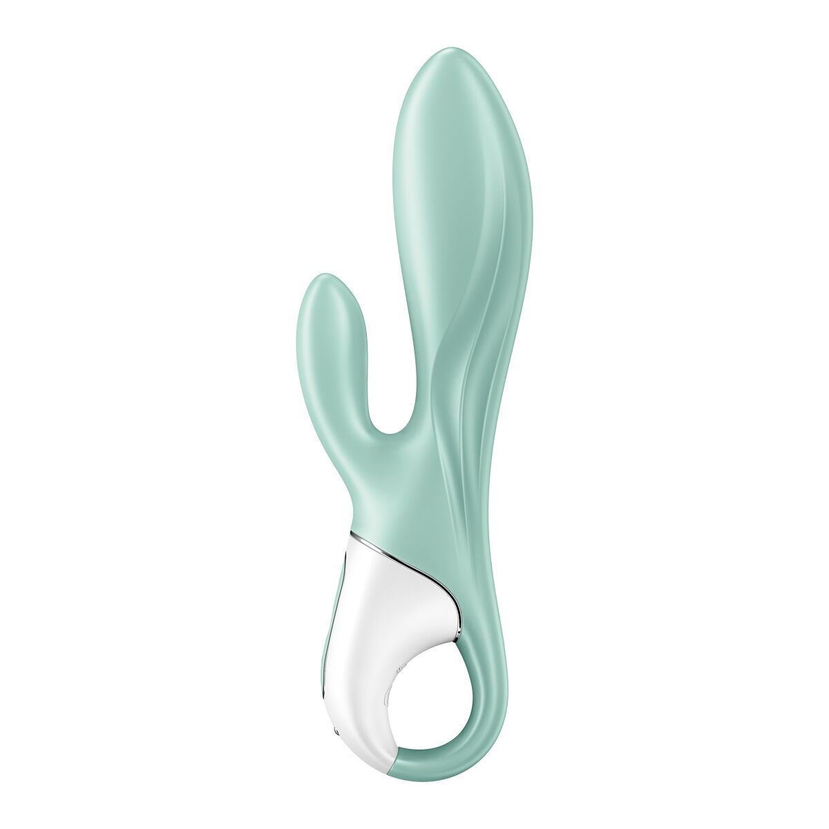 Juguete sexual, verde y blanco, forma alargada con brazos curvos. Fondo blanco.