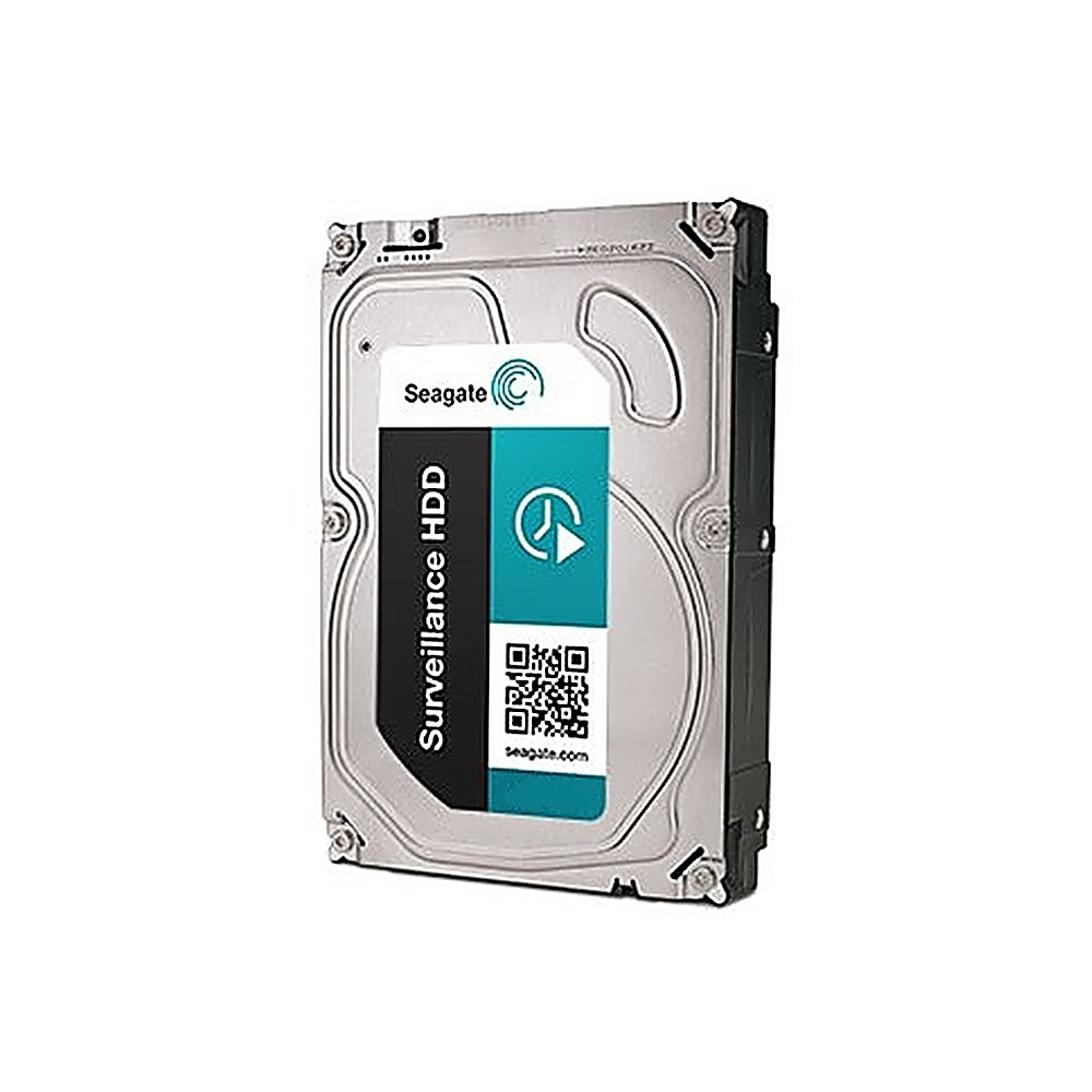 HDD de vigilancia Seagate, vista en ángulo. Unidad plateada con etiqueta negra y verde azulado.