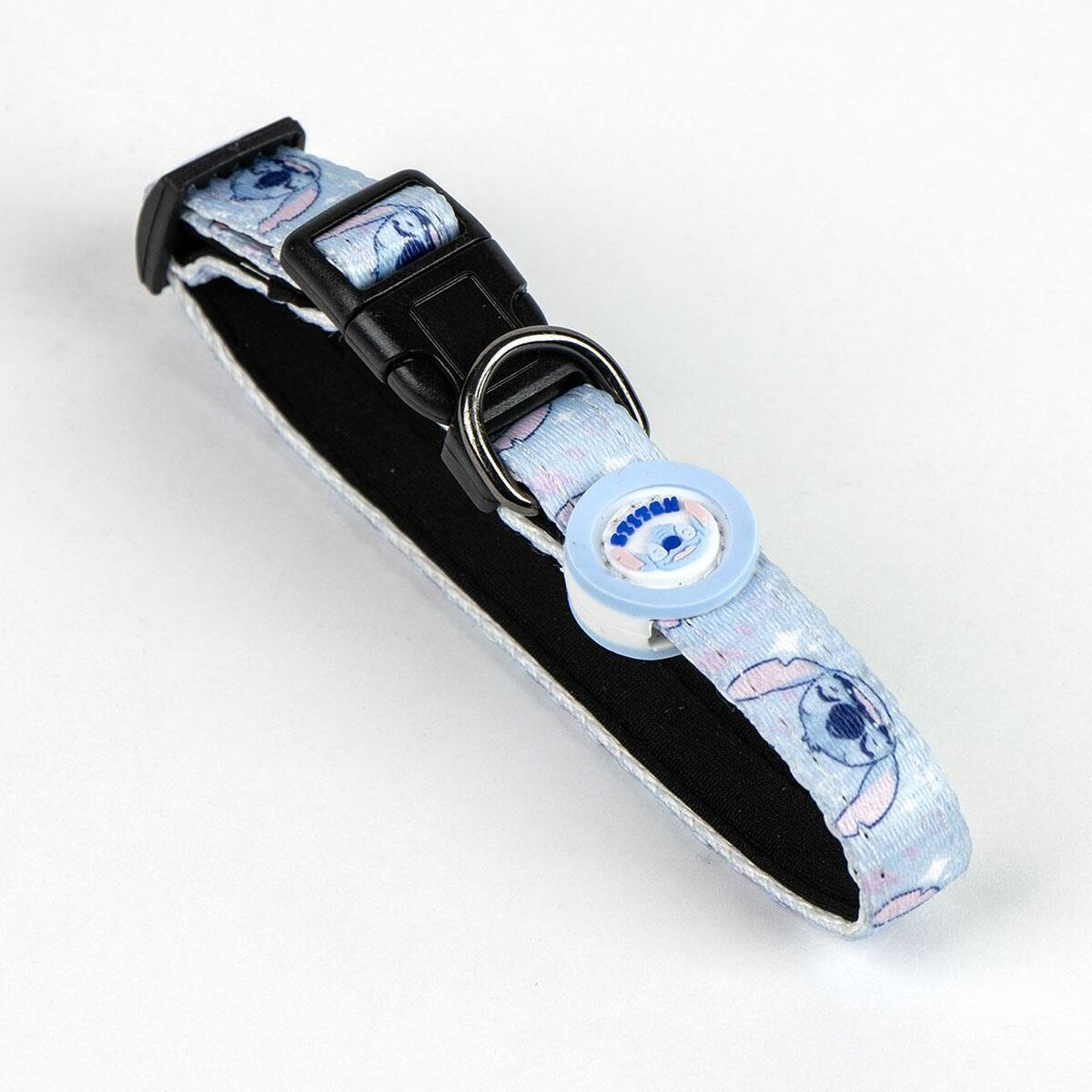 Collare blu per animali con stampa Stitch, fibbia nera e ciondolo azzurro.