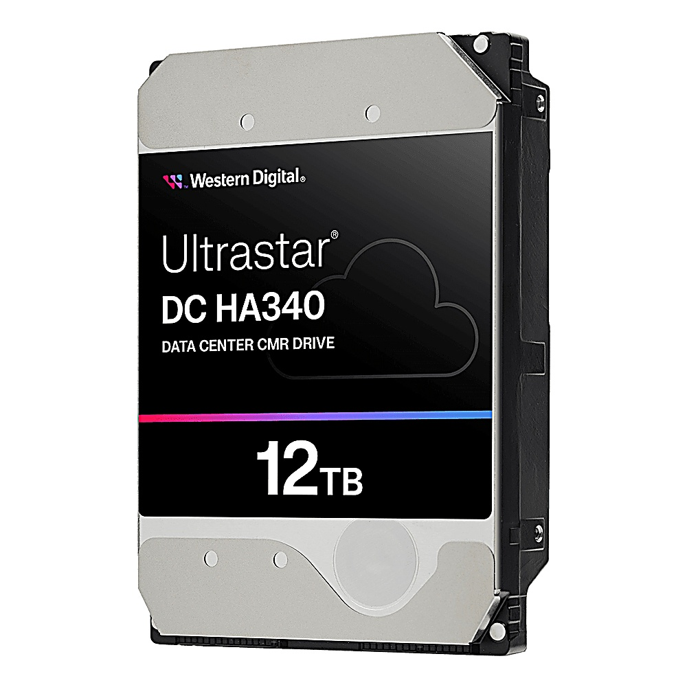 Czarny dysk twardy Western Digital Ultrastar 12TB na białym tle.