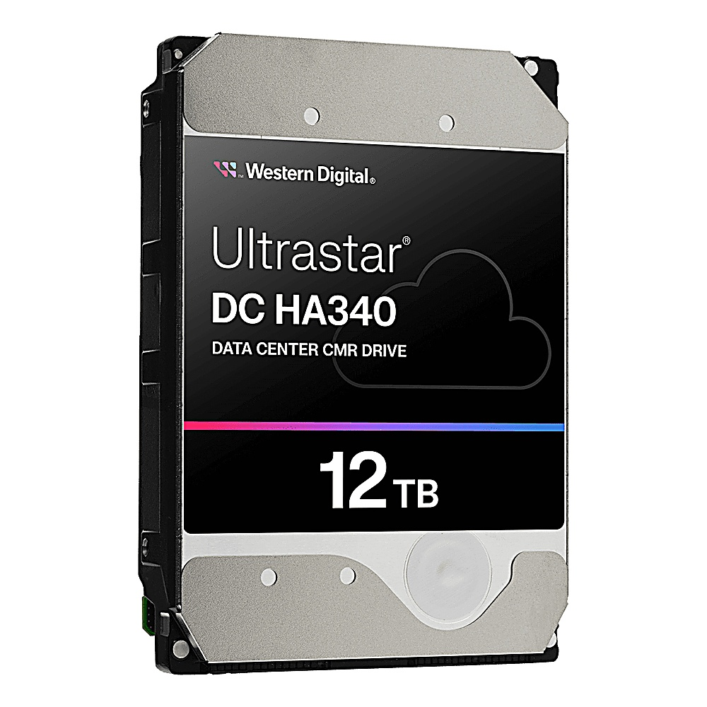 Czarny dysk twardy Western Digital Ultrastar DC HA340. Pokazuje napęd CMR centrum danych o pojemności 12 TB.