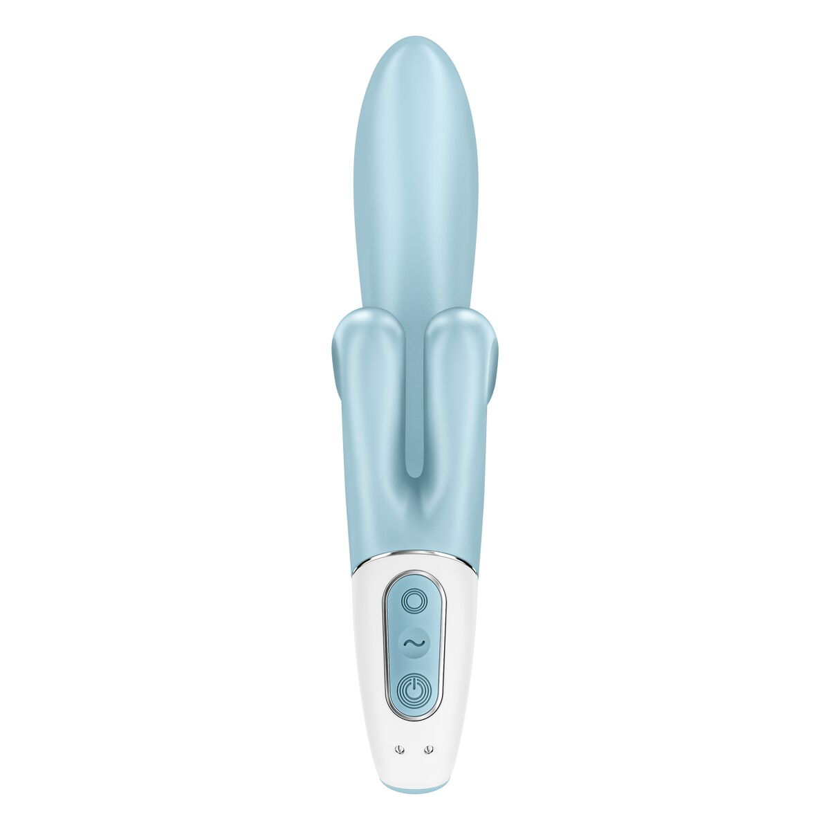 Vibrador azul y blanco con cabeza redondeada y controles de botón.