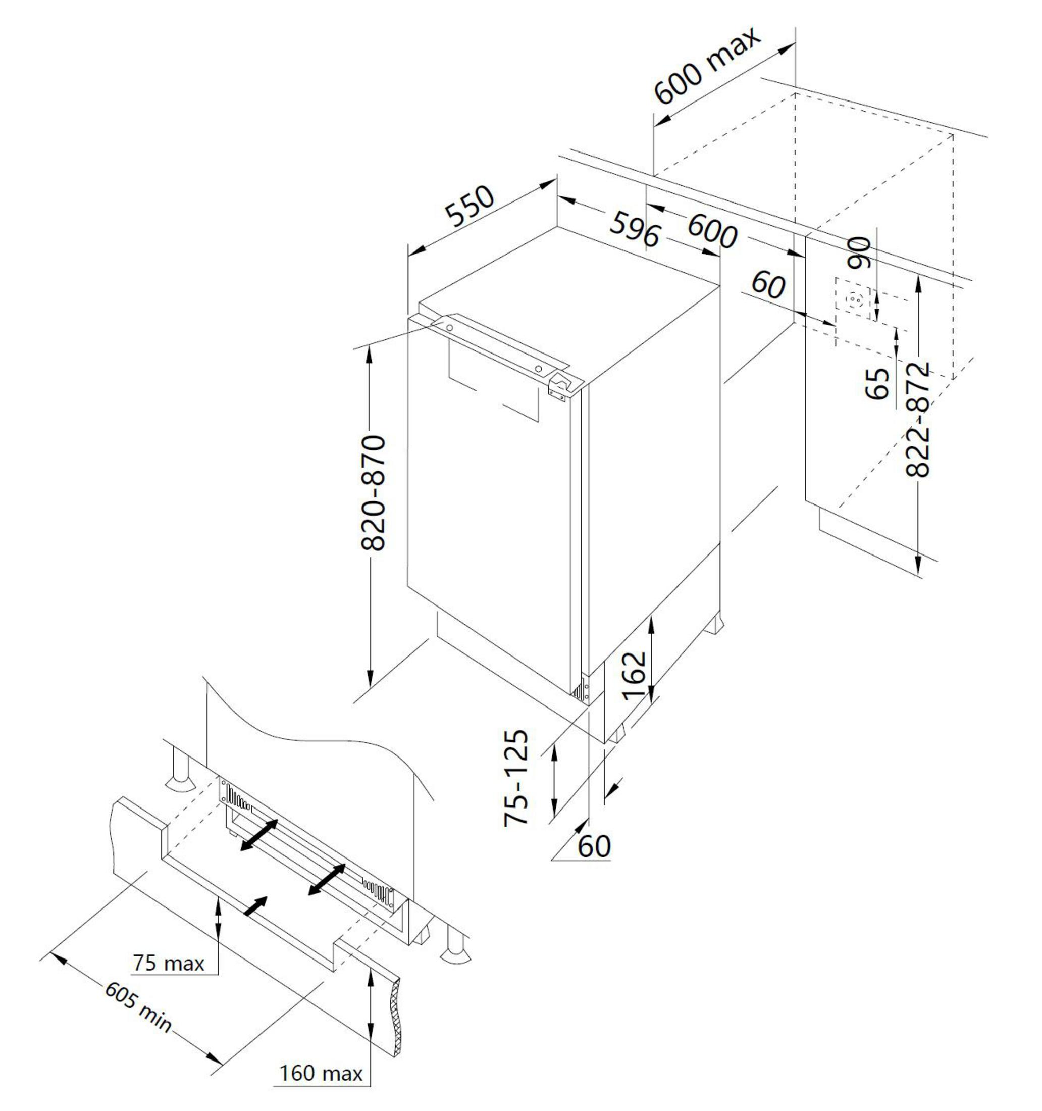 Ein Diagramm, das einen Einbaukühlschrank mit Maßen und Installationsdetails zeigt.