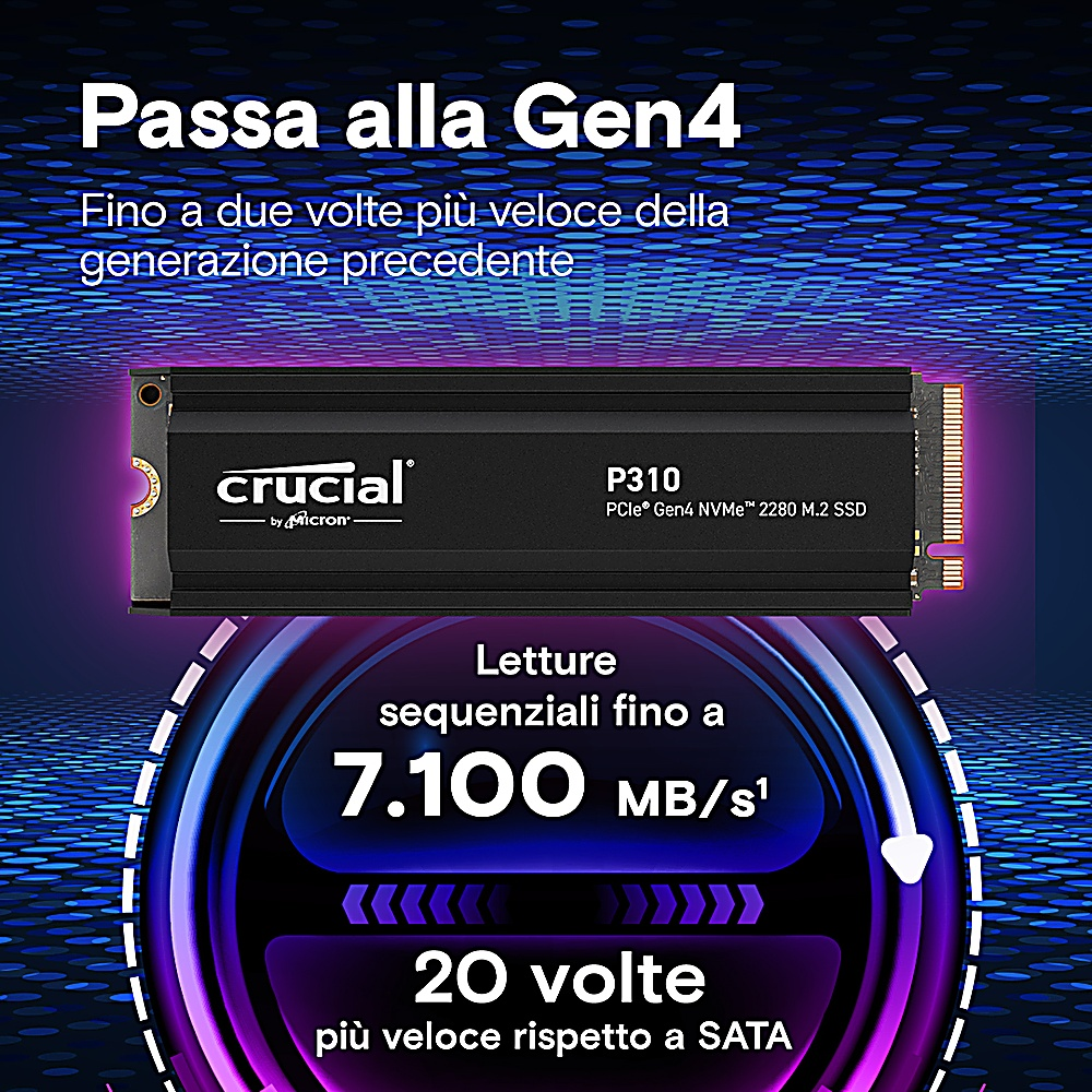 Czarny dysk SSD z tekstem i fioletowym okręgiem ze strzałką.