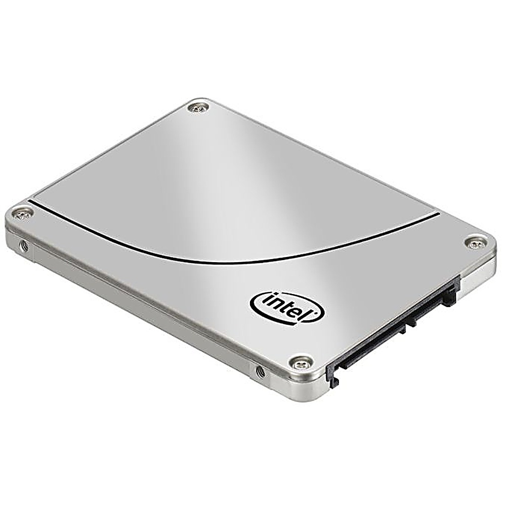 Un SSD argentato con logo Intel, angoli arrotondati e connettore nero.