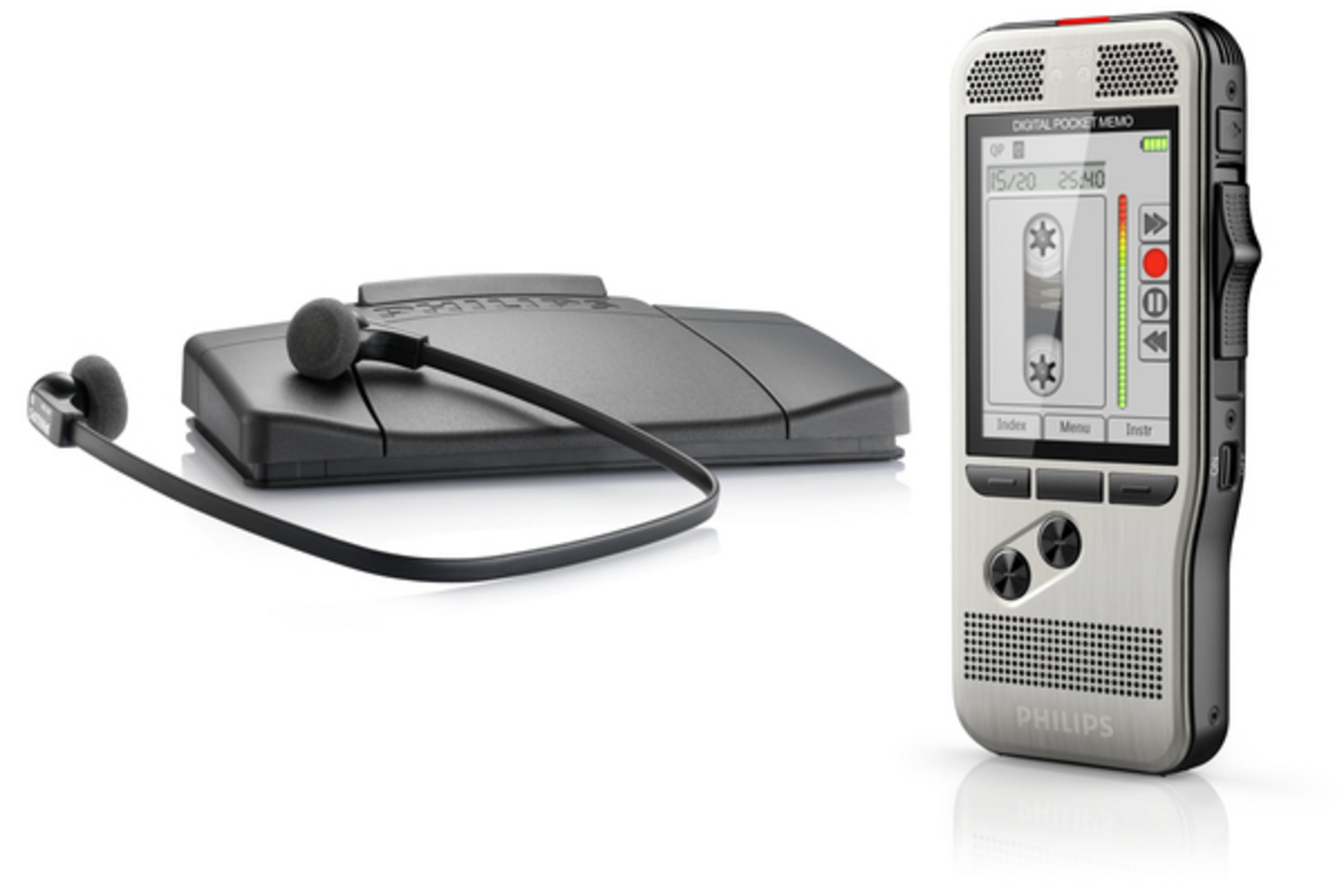 Philips Digital Pocket Memo con auriculares y estación de acoplamiento. Combinación de gris y negro.