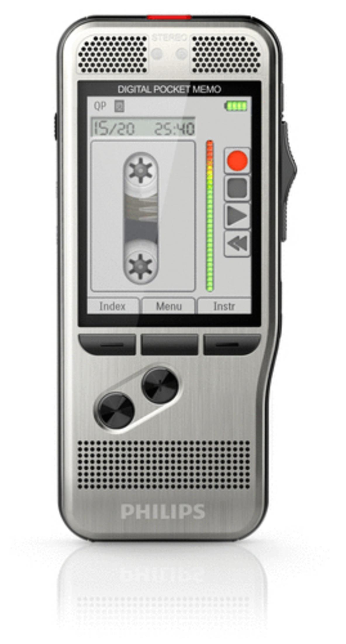 Philips Digital Pocket Memo. Cuerpo plateado con pantalla que muestra información de grabación.