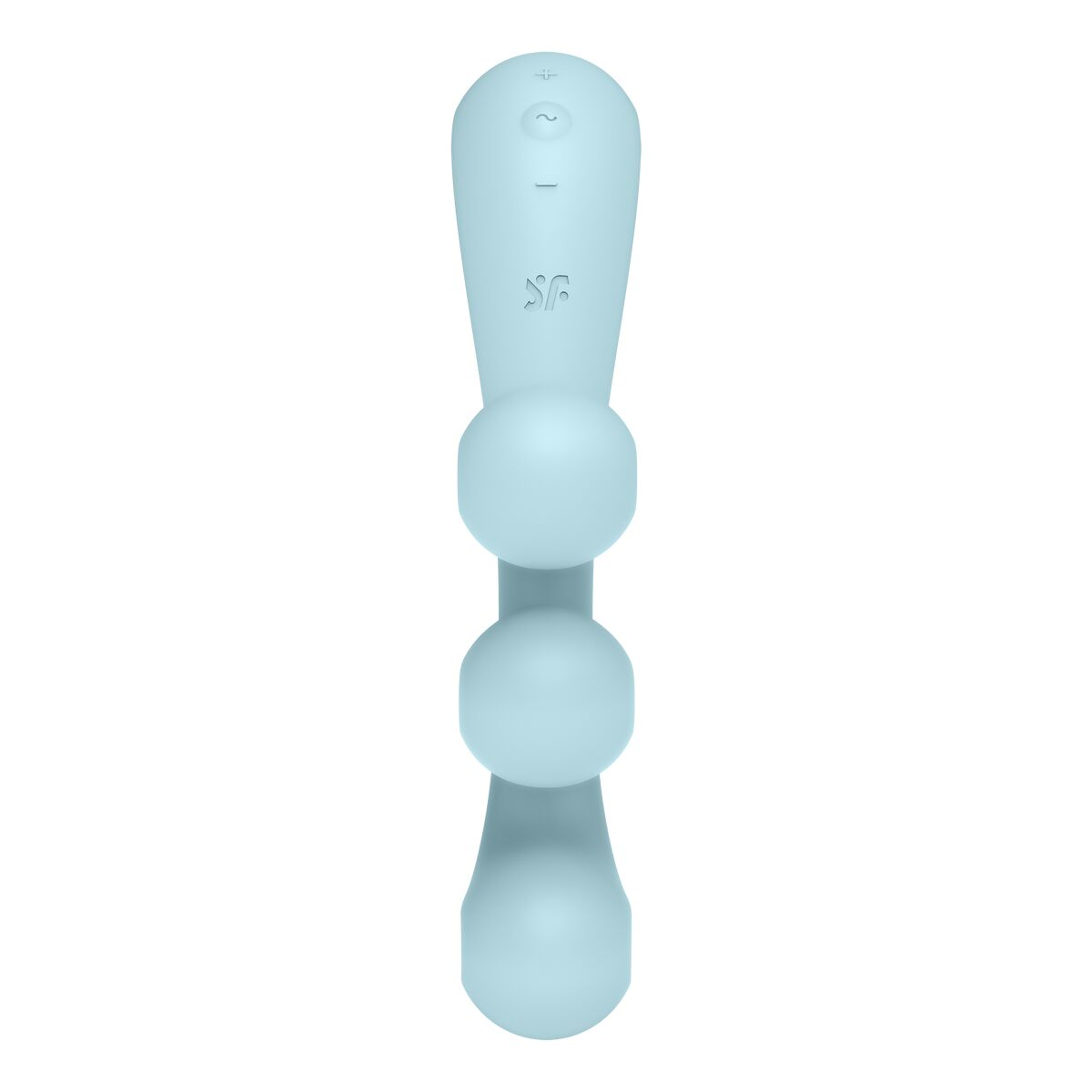 Vibrador azul claro con tres bulbos redondeados en forma de palo. Sobre fondo blanco.