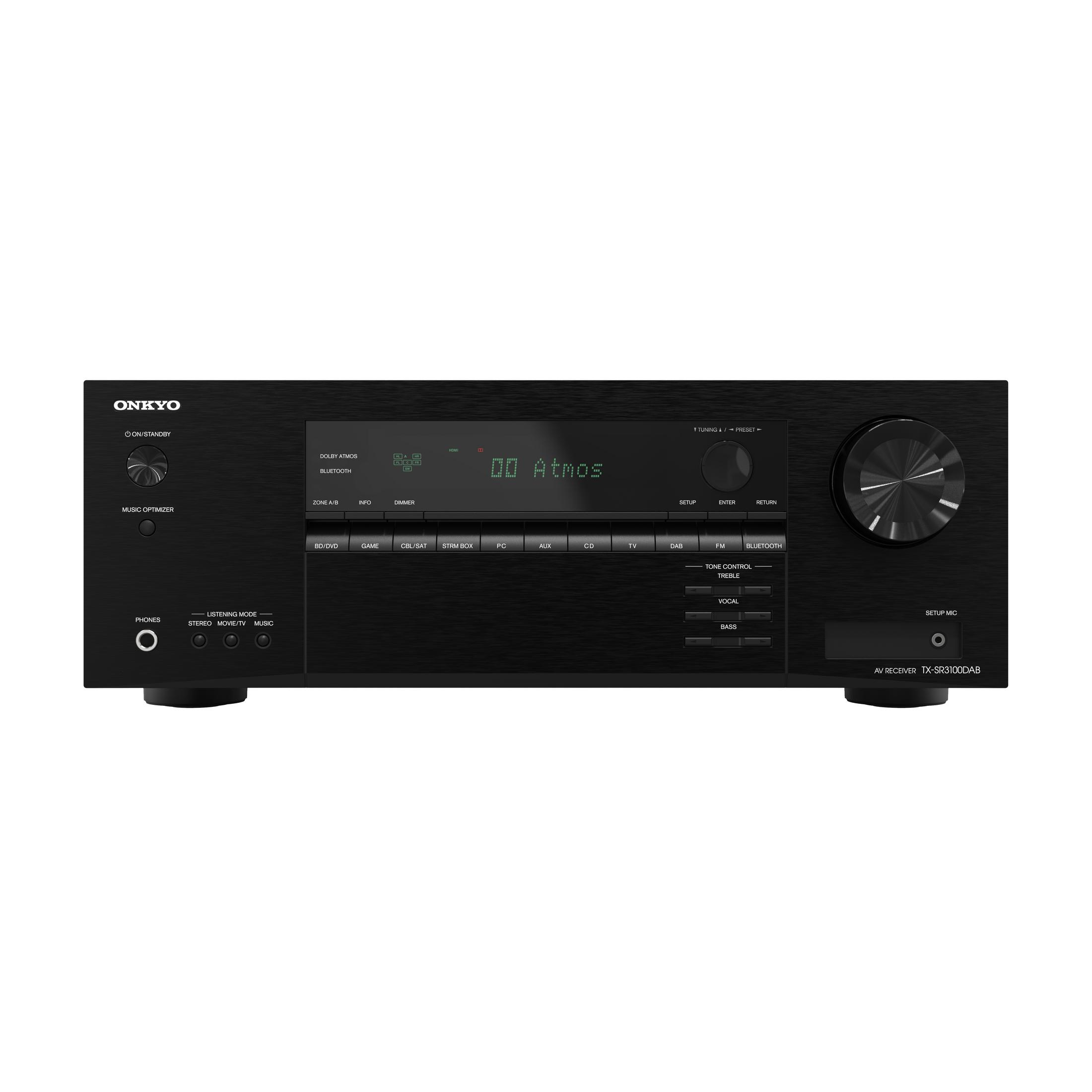 Schwarzer Onkyo-Receiver mit Knöpfen und Display auf weißer Oberfläche.