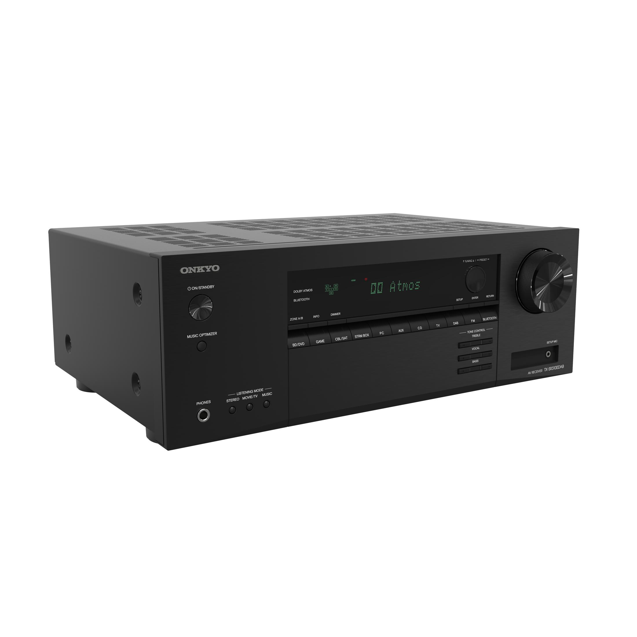 Schwarzer Onkyo-Receiver mit Knöpfen und Display. Rechts ein Lautstärkeregler.