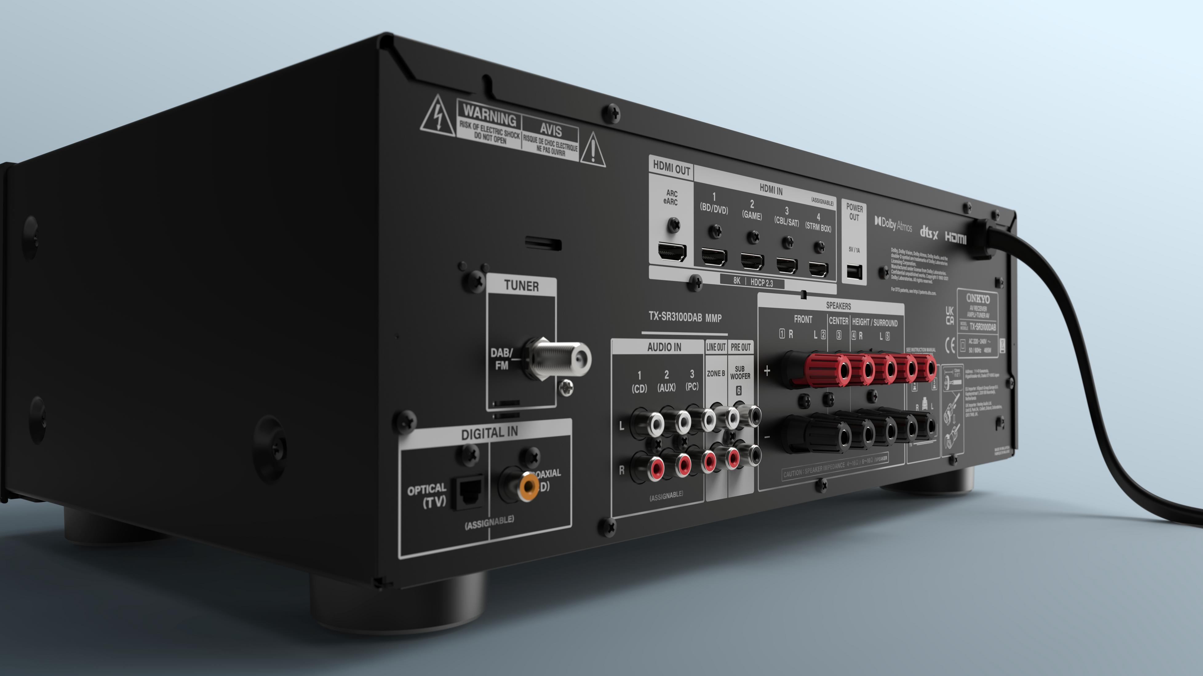 Rückseite eines Onkyo-Receivers mit Anschlüssen. Es gibt mehrere HDMI-Anschlüsse und einen Tuner.