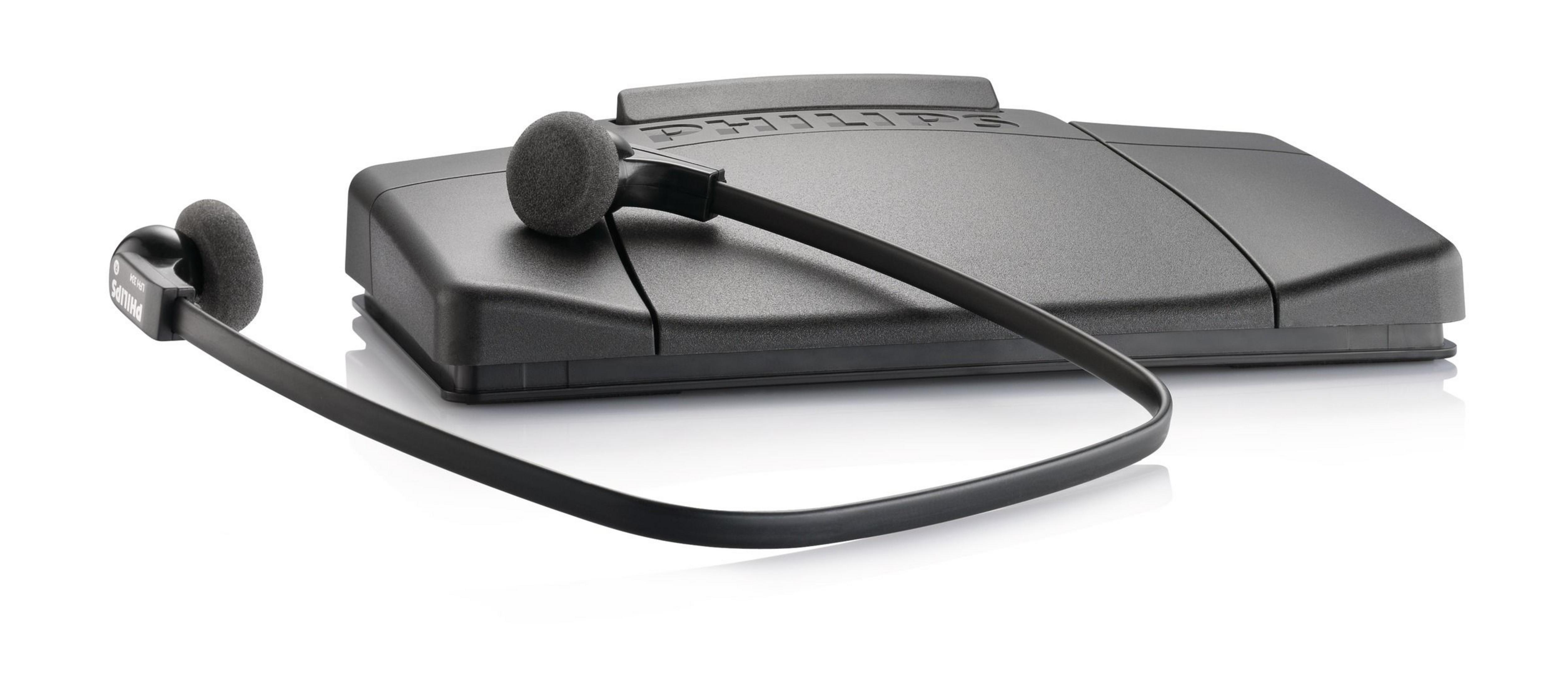 Schwarzes Philips-Headset mit Ohrpolstern und Kopfstütze. Weißer Hintergrund.