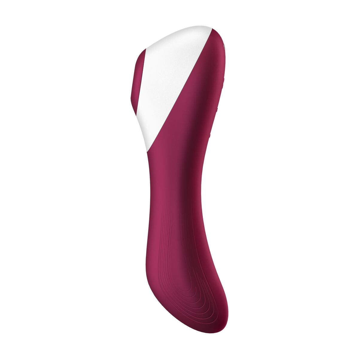 Un juguete sexual con diseño burdeos y blanco, forma curva, aislado sobre fondo blanco.