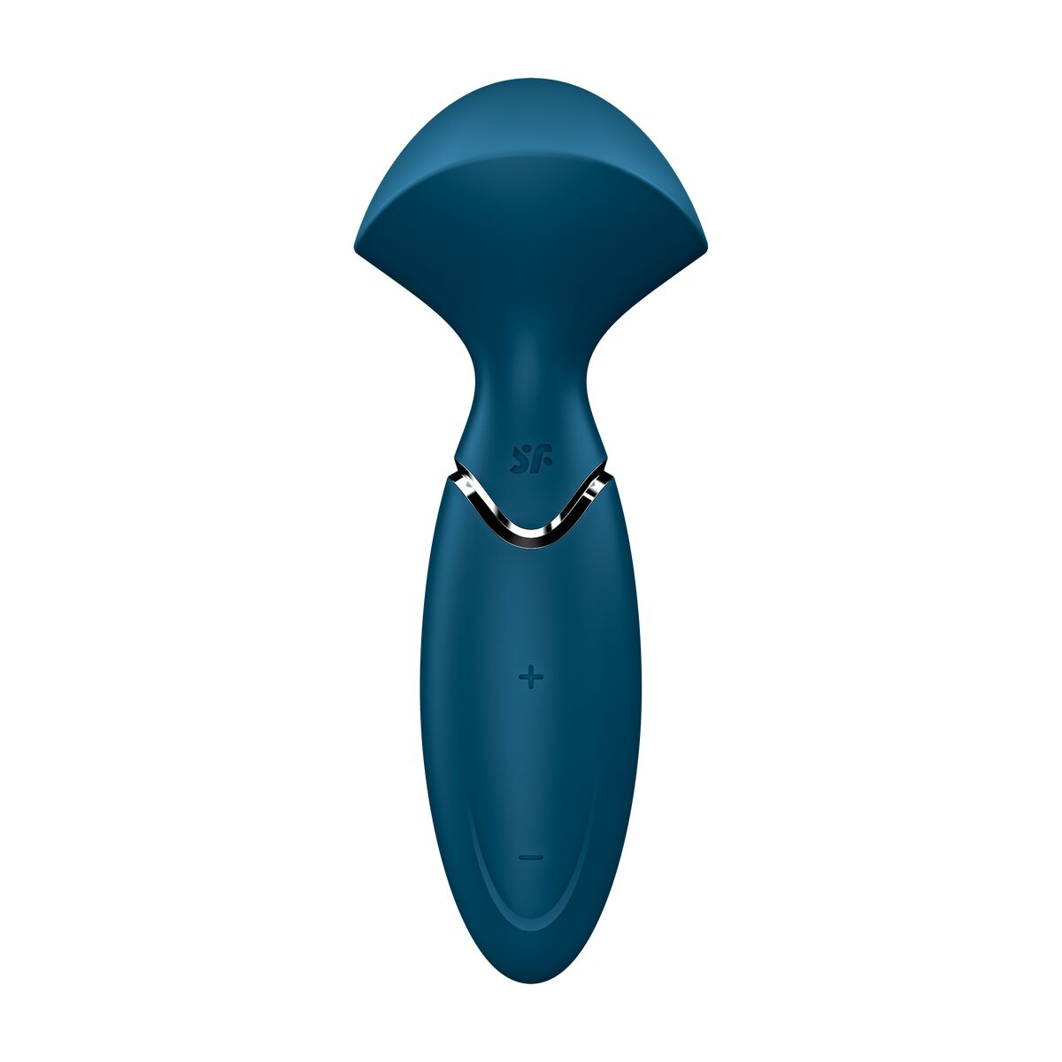 Un juguete sexual azul con una parte superior curva, ribete plateado y símbolos de más/menos en el cuerpo.