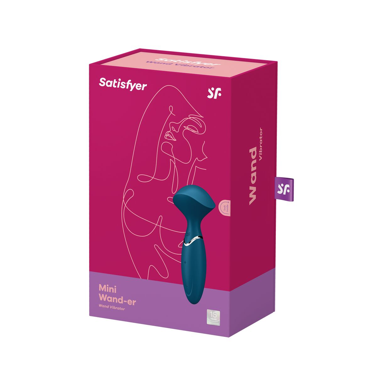 Una caja rosa con un juguete sexual verde azulado dentro, etiquetada Satisfyer Mini Wand-er.