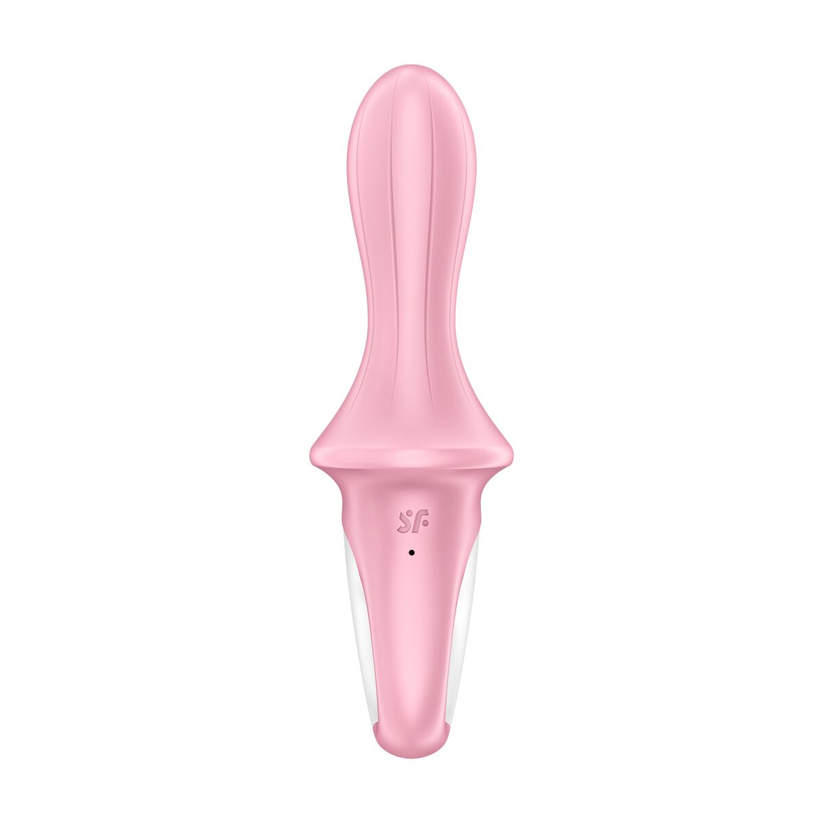 Un juguete sexual rosa con forma curva. La base es blanca.