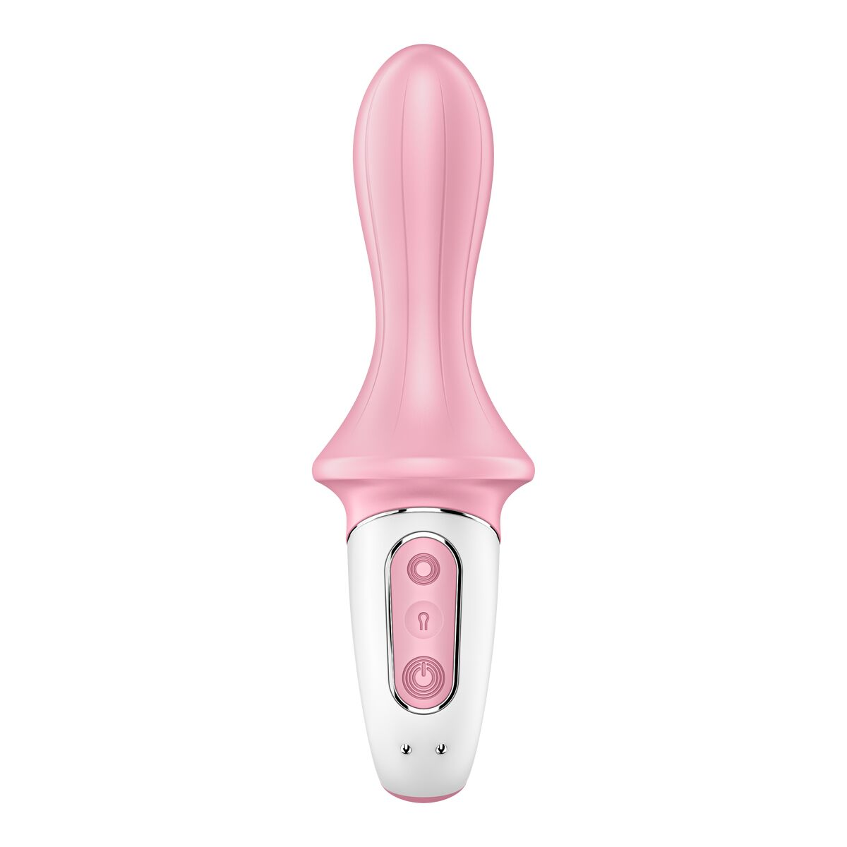 Un juguete sexual rosa con una parte superior bulbosa, botones y un asa de anillo, aislado sobre blanco.