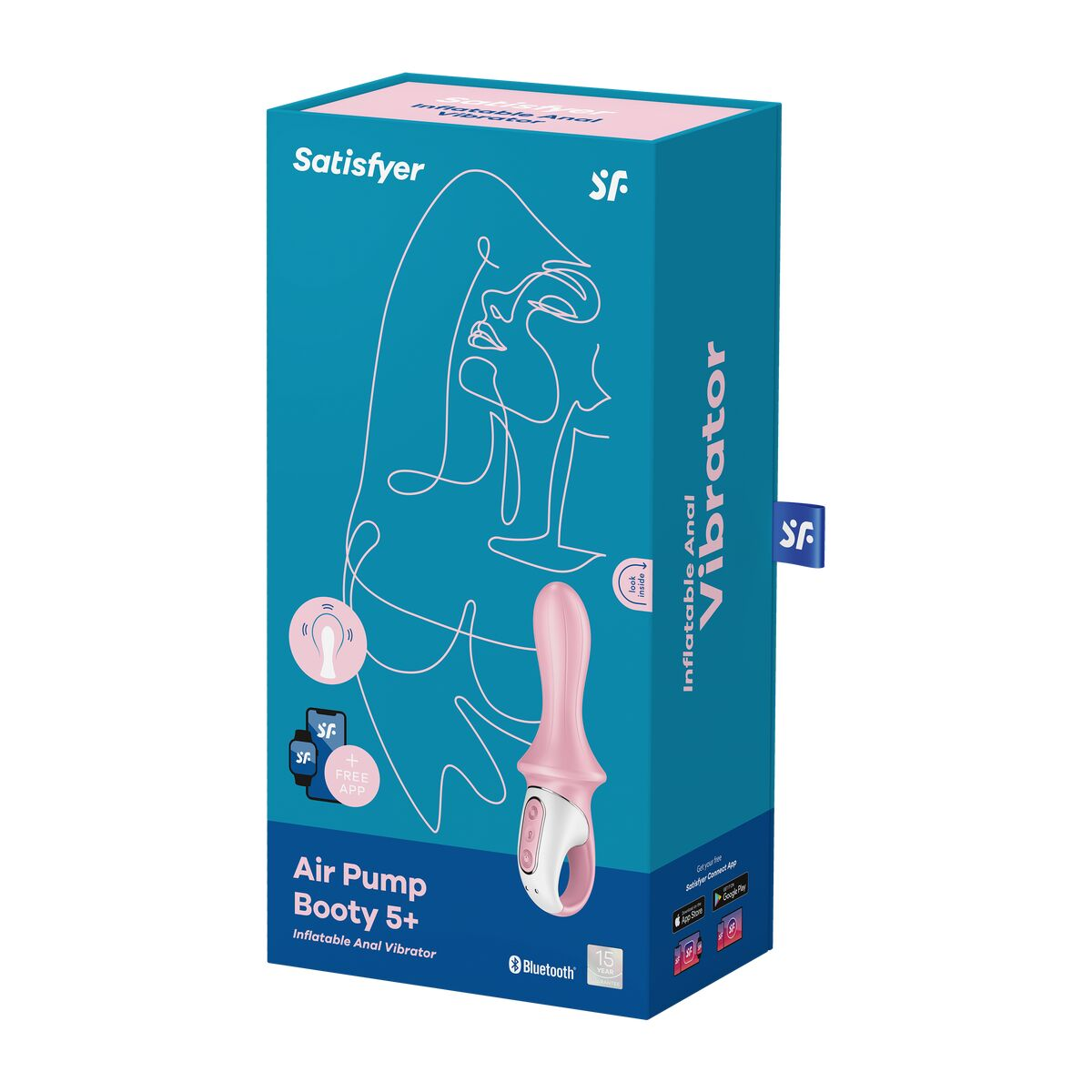Caja con texto 'Satisfyer', una imagen de juguete sexual rosa y detalles de la aplicación. Fondo azul.