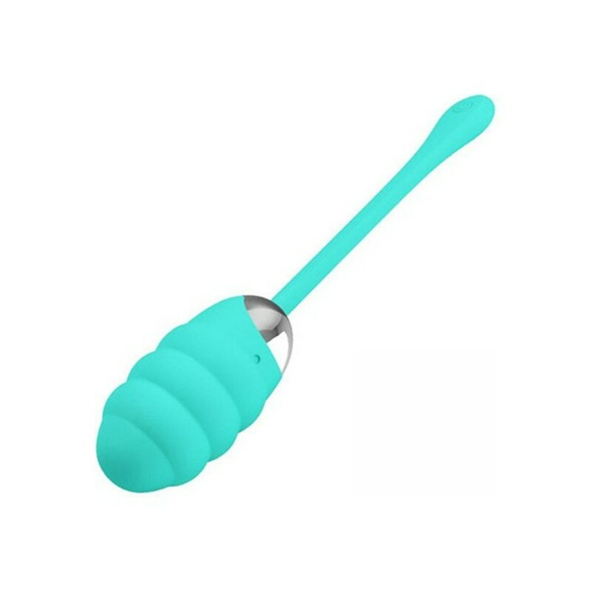 Vibrador turquesa con un tallo largo y una cabeza acanalada en forma de huevo.