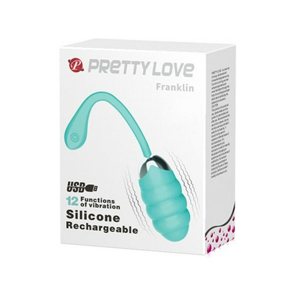 Caja con un vibrador turquesa. Etiquetado Pretty Love Franklin, 12 funciones, recargable por USB.