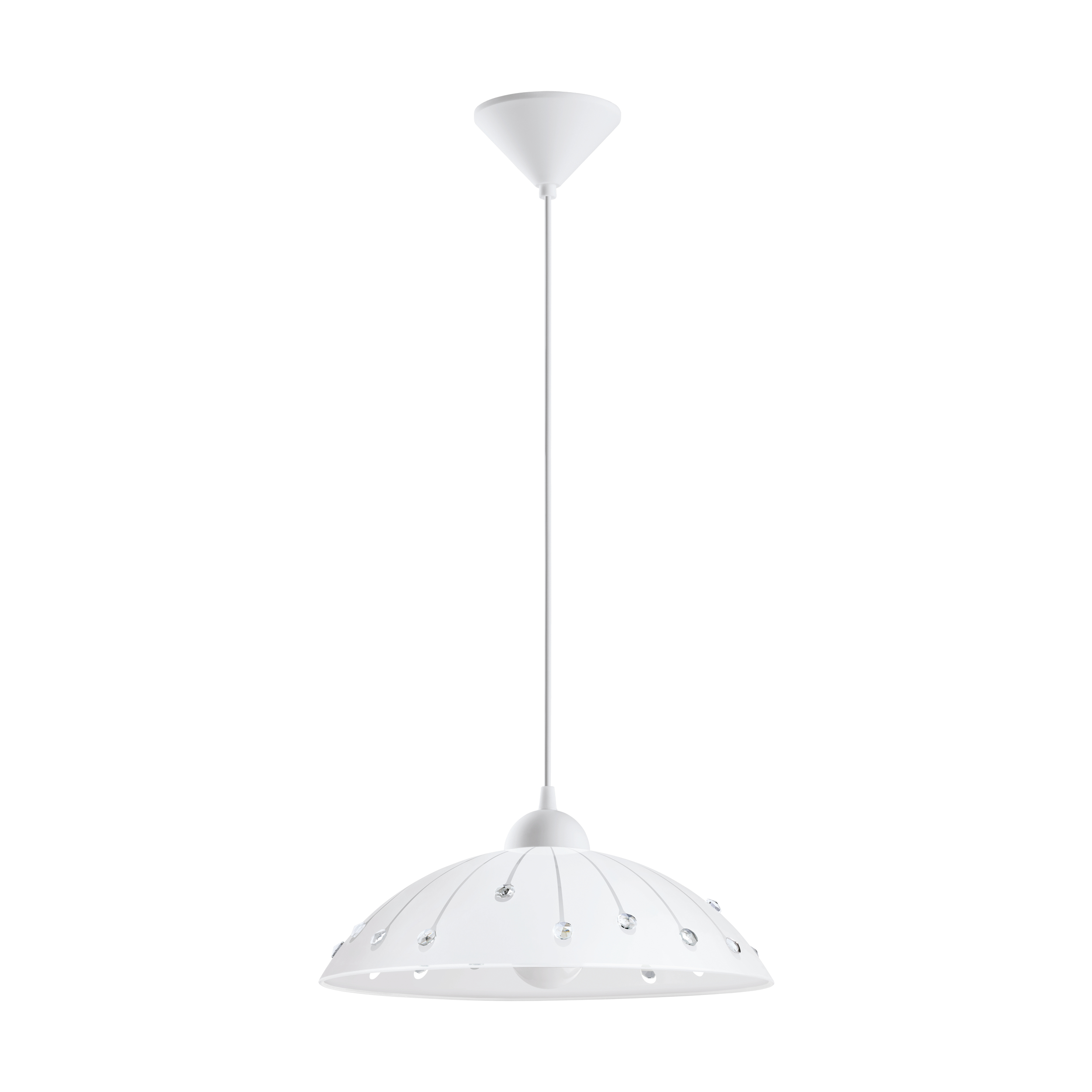 Lámpara colgante blanca con base redondeada decorativa, cable fino blanco y soporte.