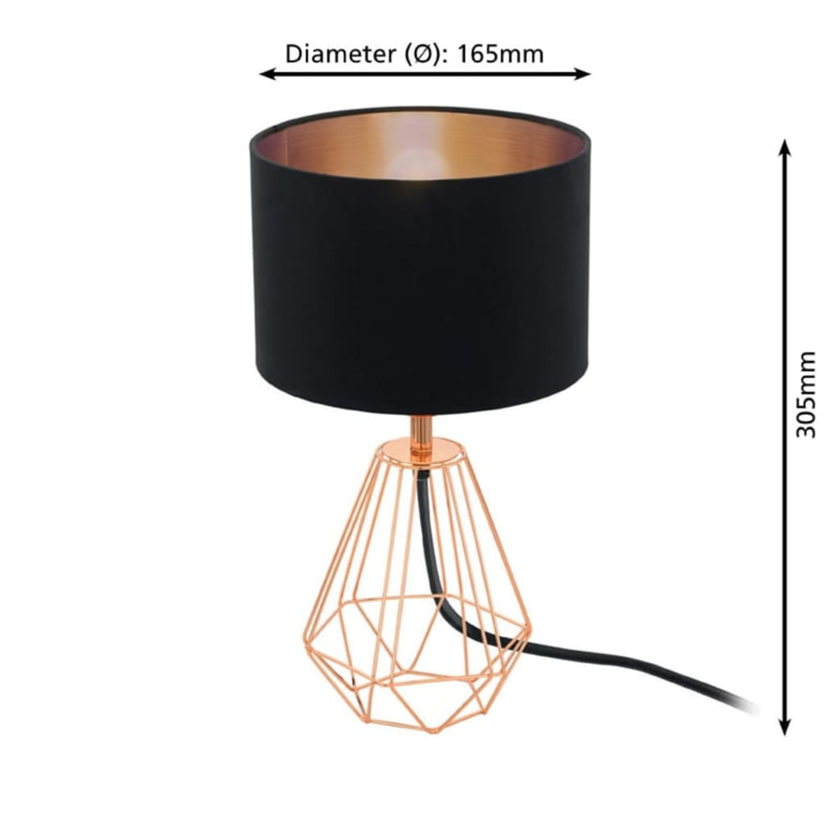 Una lampada da tavolo color rame e nera con base geometrica e paralume nero, su sfondo bianco.