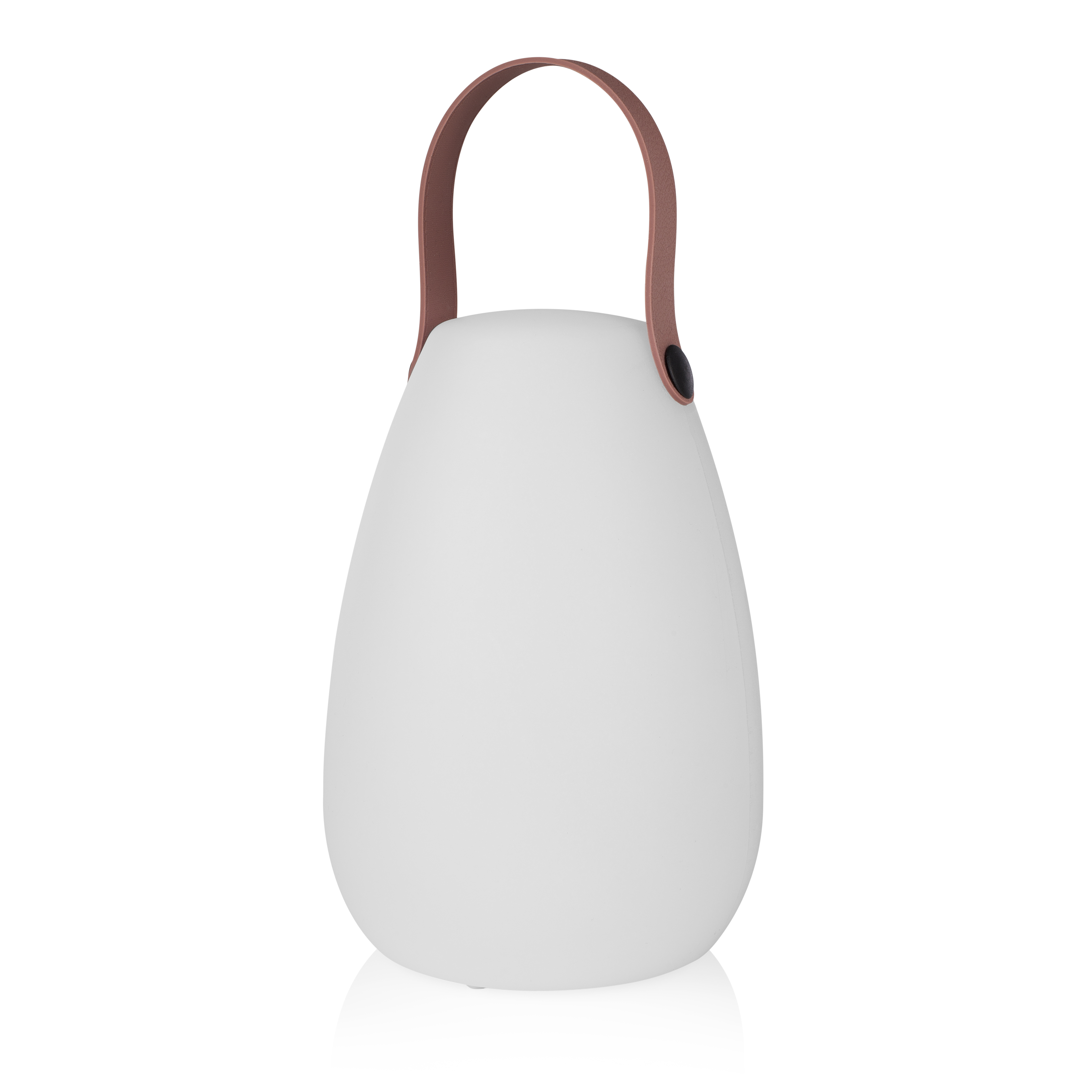 Een witte, eivormige lamp met een bruine handgreep.