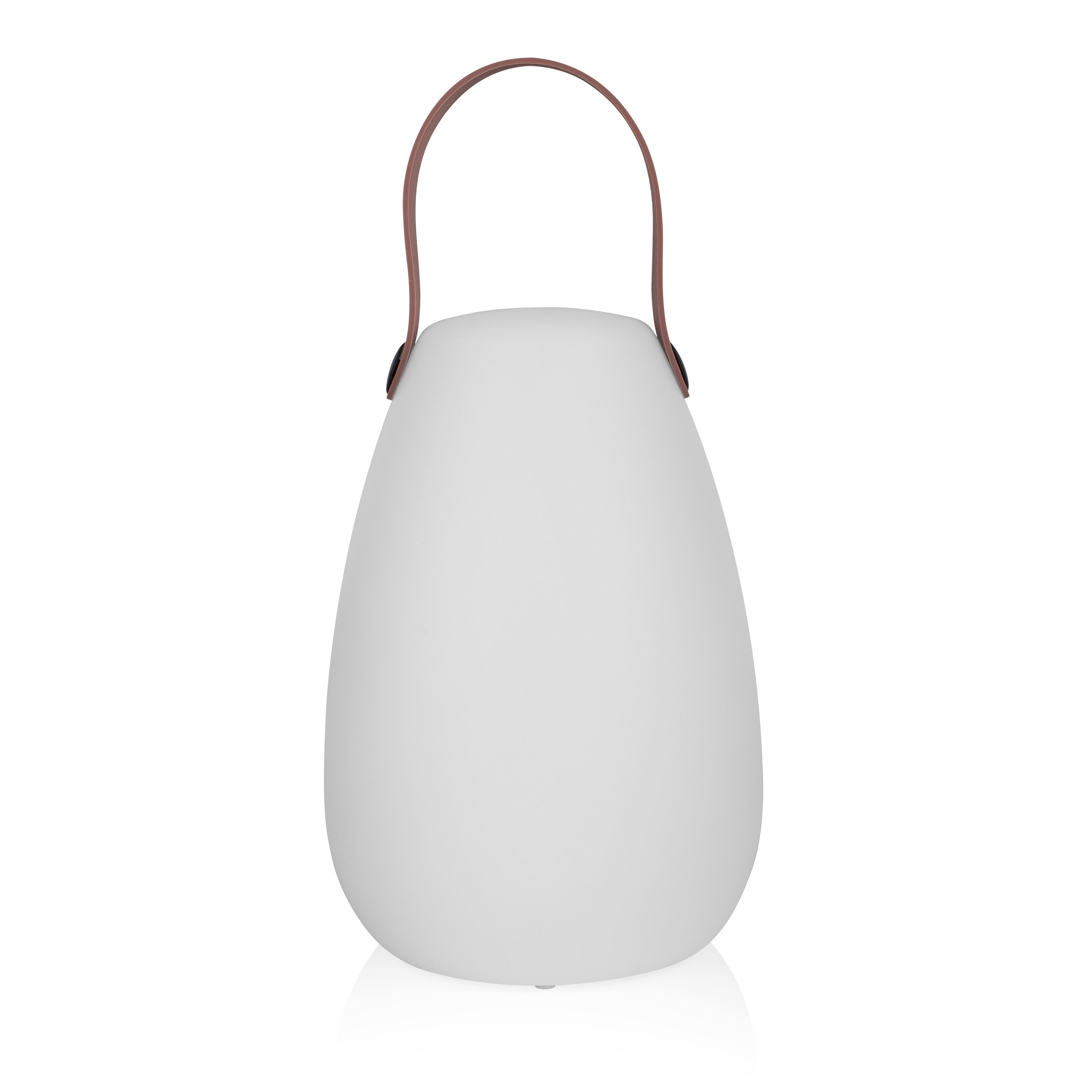 Een witte, eivormige lamp met een bruine handgreep.