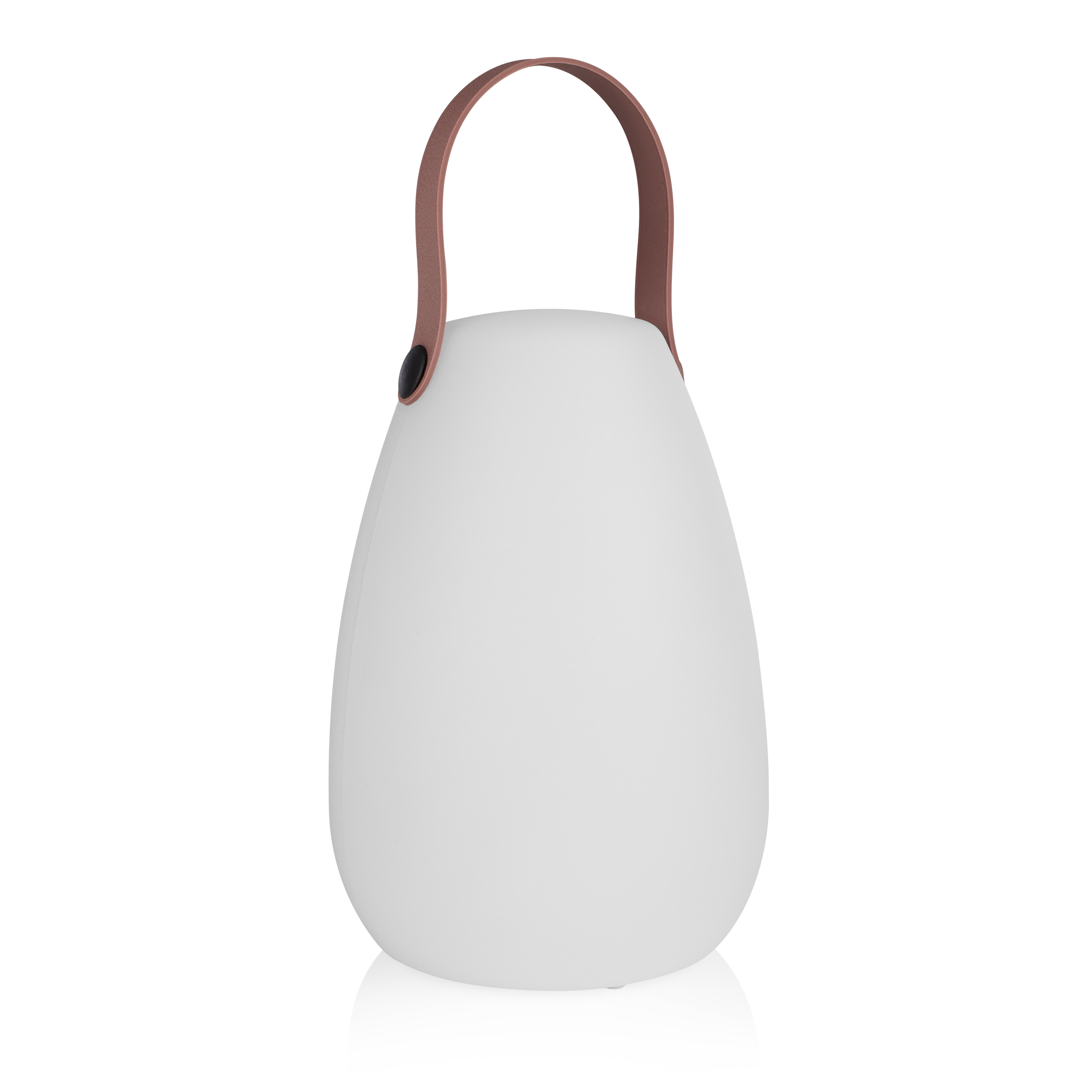 Een witte, eivormige lamp met een bruine handgreep.